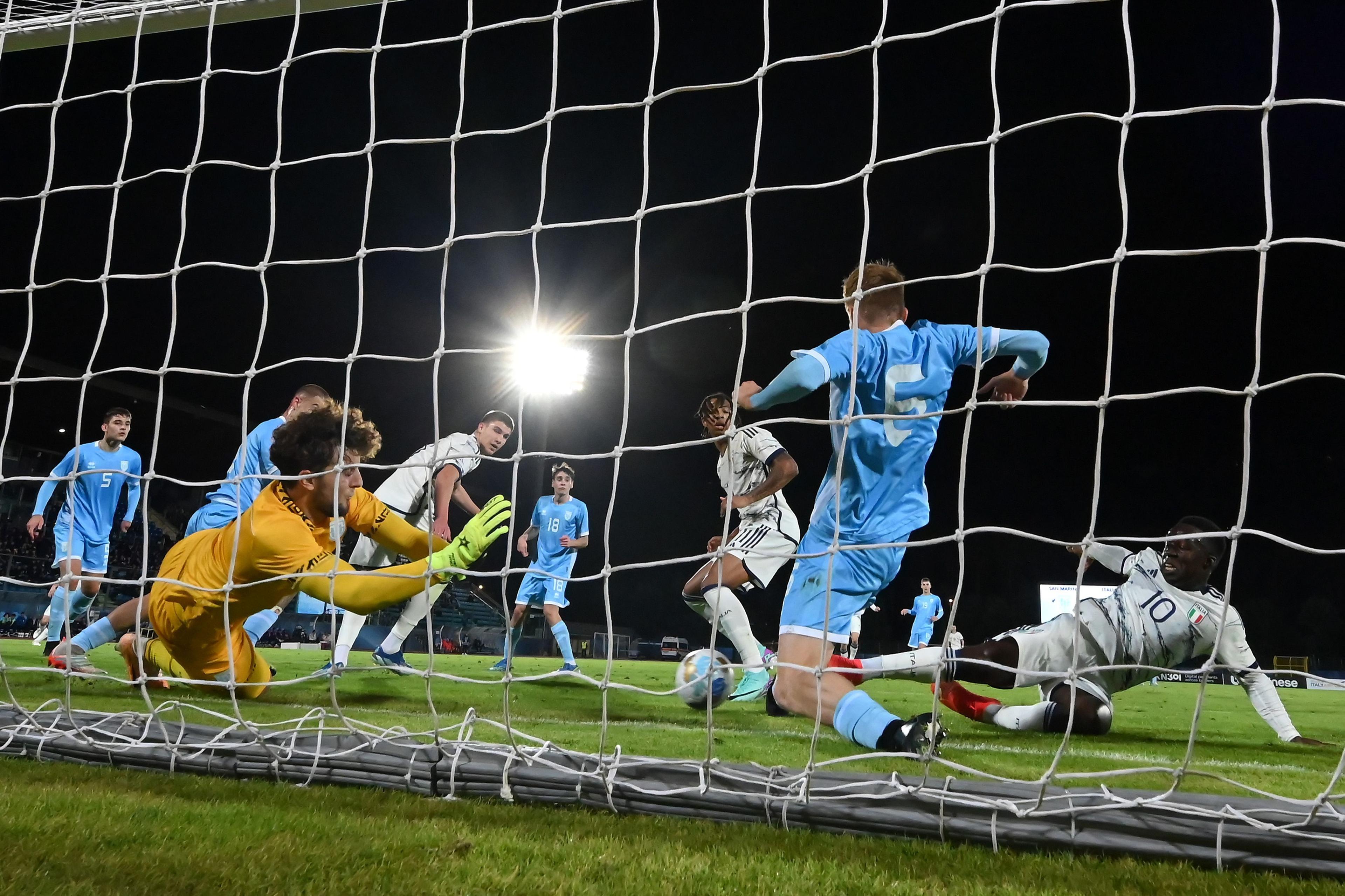 SAN MARINO, ITALY - NOVEMBER 16: Wilfred Gnoto of Italy U21 scores his team third goal during the UEFA Under21 Euro Qualifier match between San Marino U21 and Italy U21 at Serravalle on November 16, 2023 in San Marino, Italy. (Photo by Alessandro Sabattini/Getty Images)