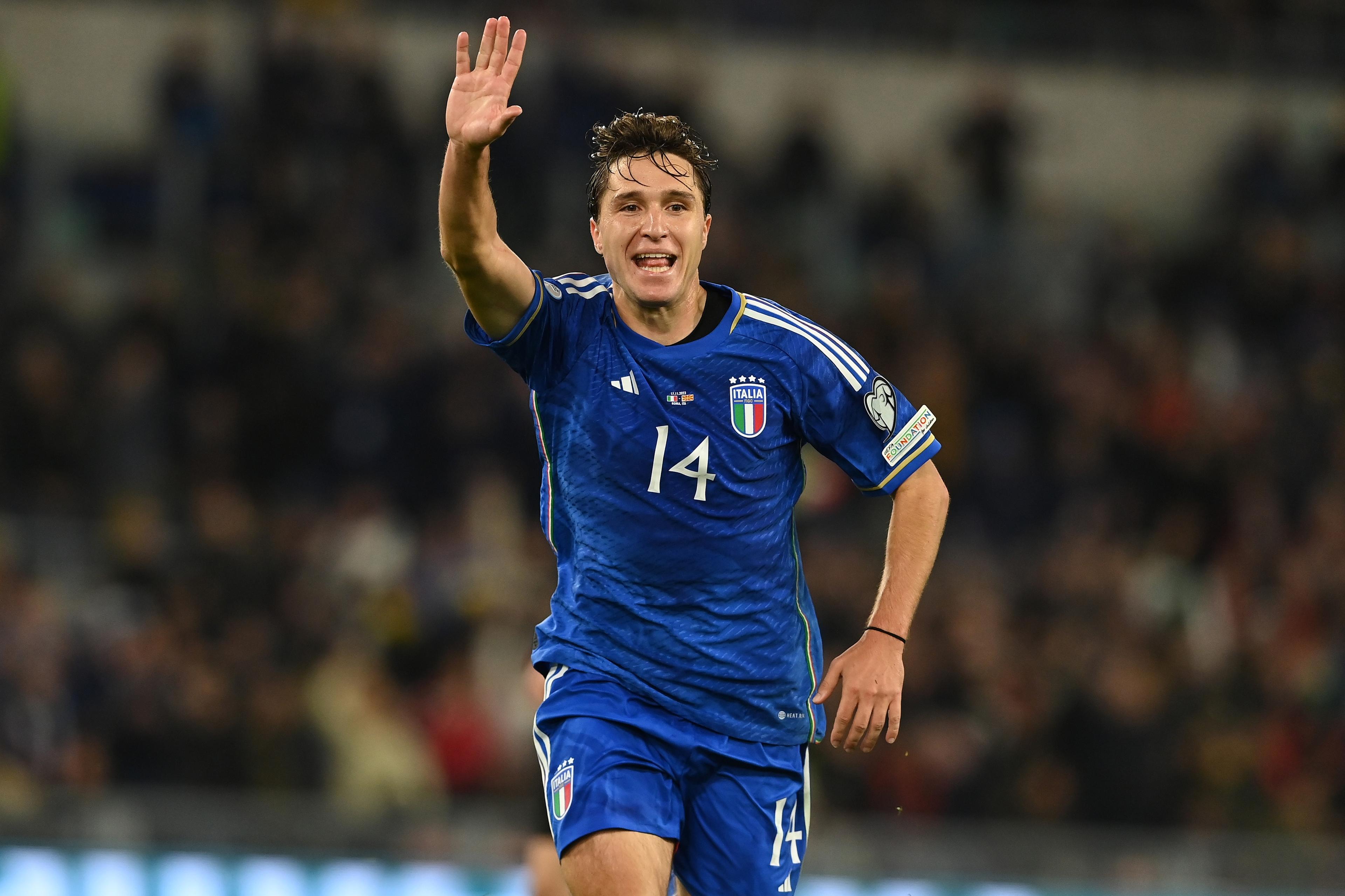 ROME, ITALY - NOVEMBER 17:  Federico Chiesa of Italy celebrates  after scoring the goal during the UEFA EURO 2024 European qualifier match between Italy and North Macedonia at Stadio Olimpico on November 17, 2023 in Rome, Italy. (Photo by Claudio Villa/Getty Images)