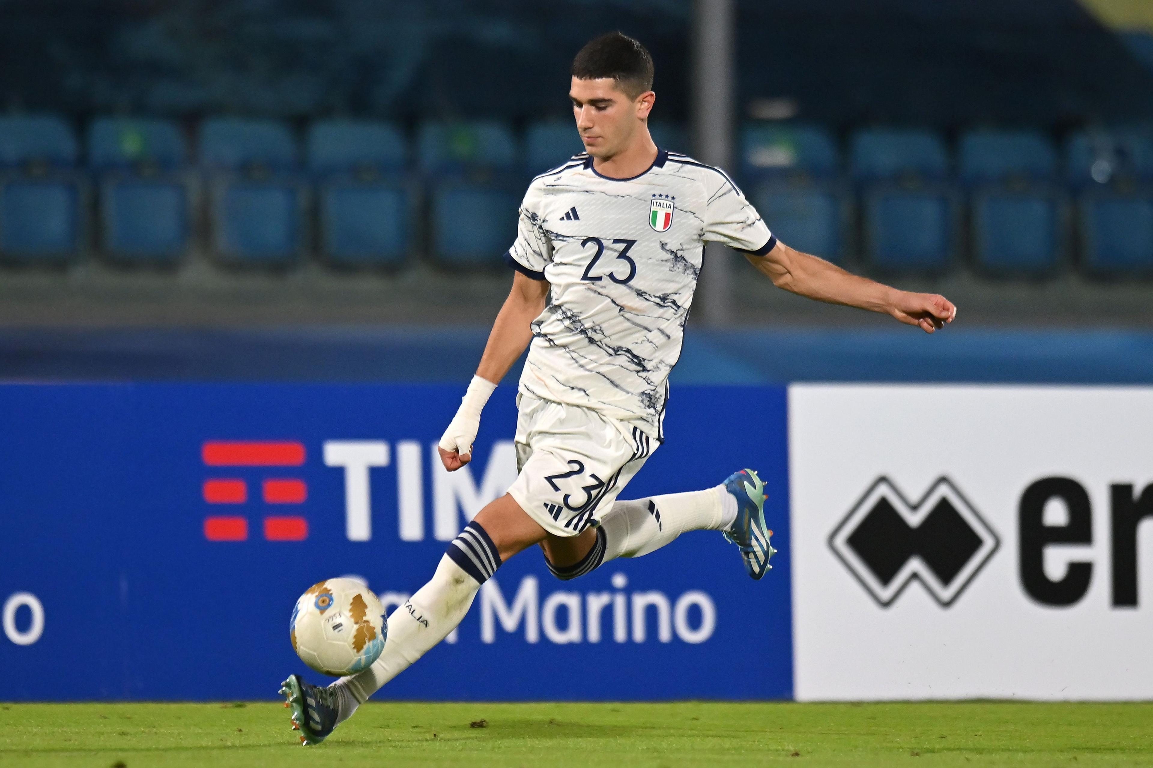 SAN MARINO, ITALY - NOVEMBER 16: Cristian Volpato of Italy U21 in action during the UEFA Under21 Euro Qualifier match between San Marino U21 and Italy U21 at Serravalle on November 16, 2023 in San Marino, Italy. (Photo by Alessandro Sabattini/Getty Images)