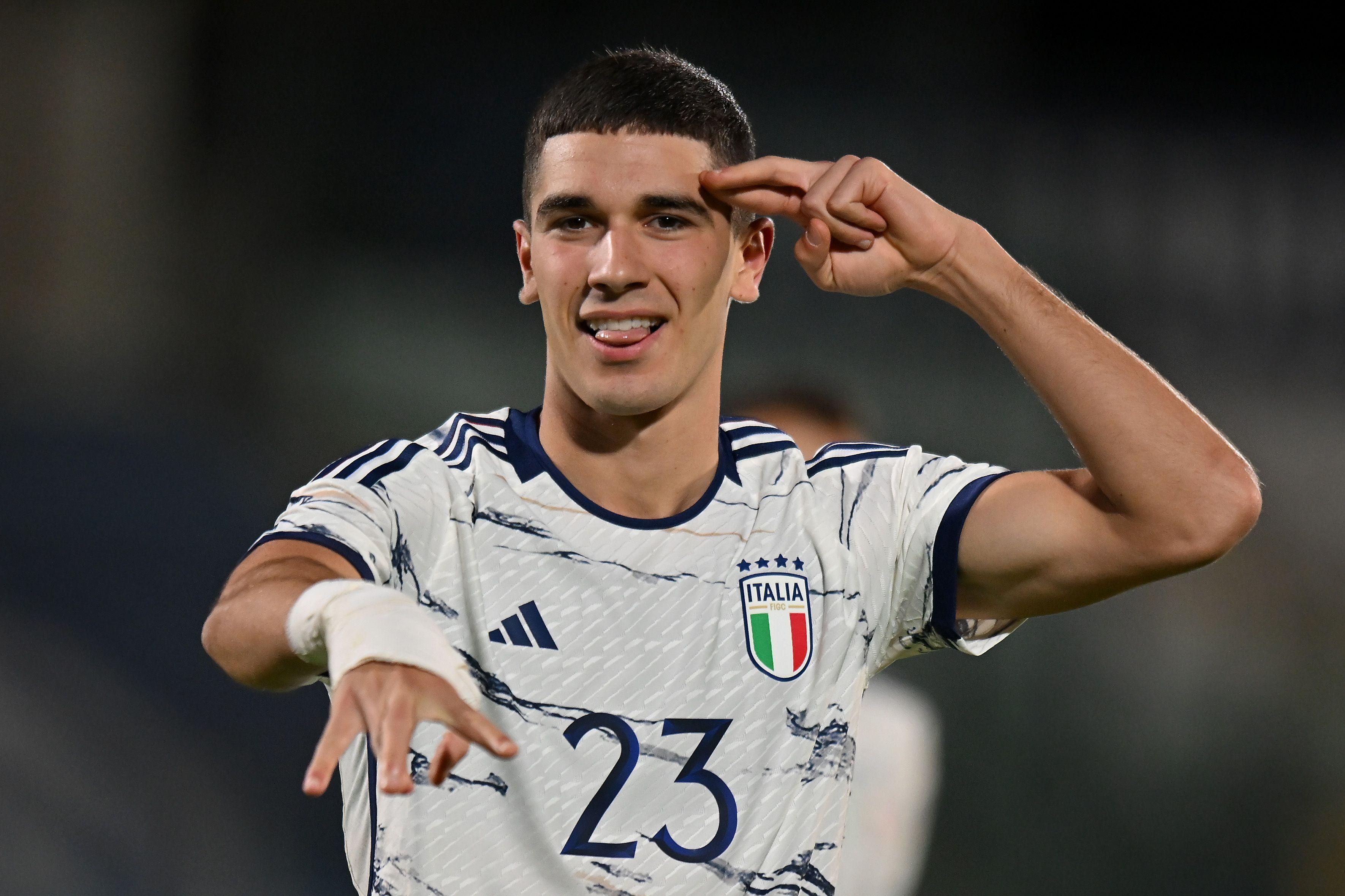SAN MARINO, ITALY - NOVEMBER 16:  Cristian Volpato of Italy U21  celebrates after scoring his team fourth goal during the UEFA Under21 Euro Qualifier match between San Marino U21 and Italy U21 at Serravalle on November 16, 2023 in San Marino, Italy. (Photo by Alessandro Sabattini/Getty Images)