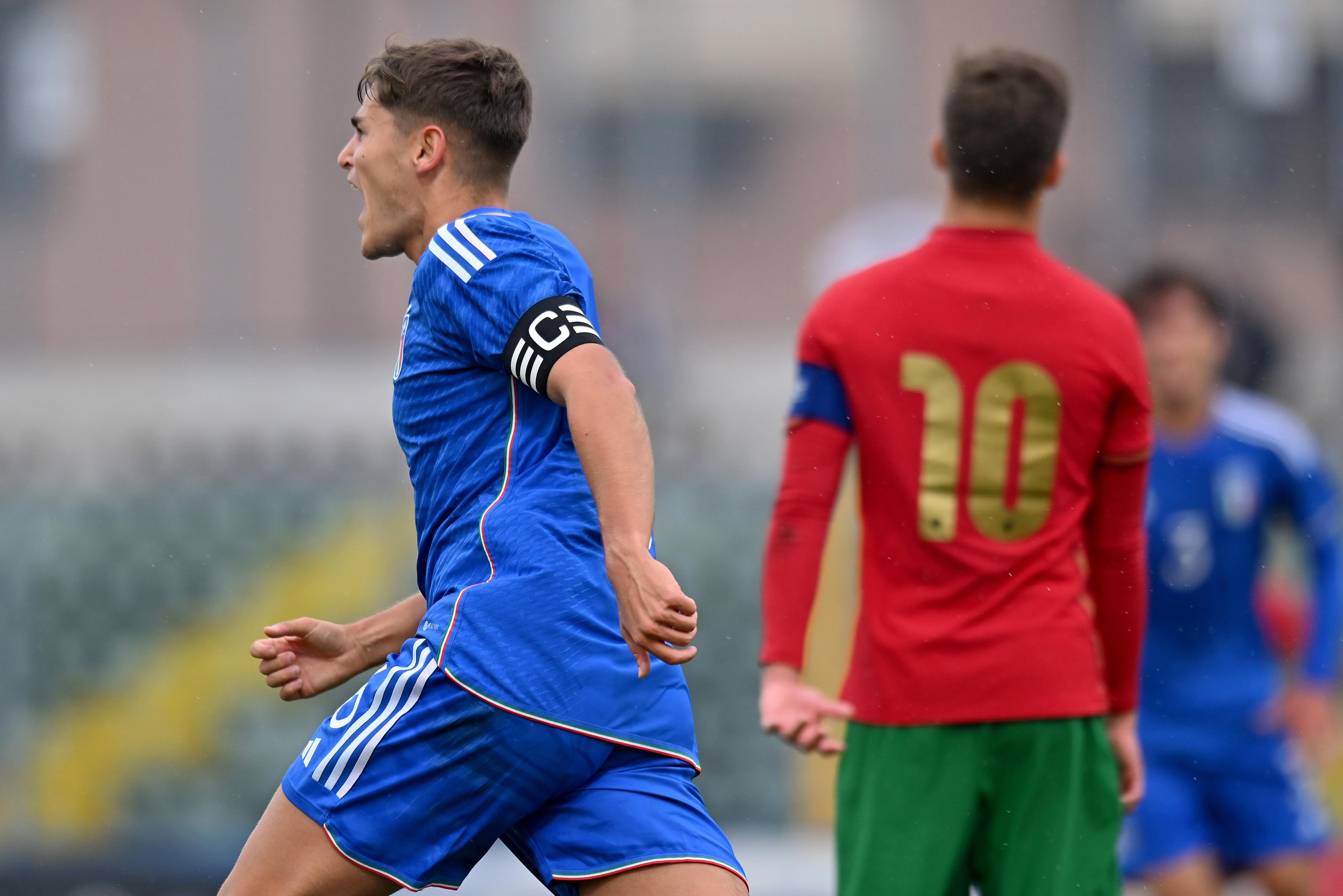 SASSUOLO, ITALY - NOVEMBER 21: Giacomo Faticanti of Italy celebrates after scoring his side first goal during the Elite League U20 match between Italy and Portugal on November 21, 2023 in Sassuolo, Italy. (Photo by Alessandro Sabattini/Getty Images)