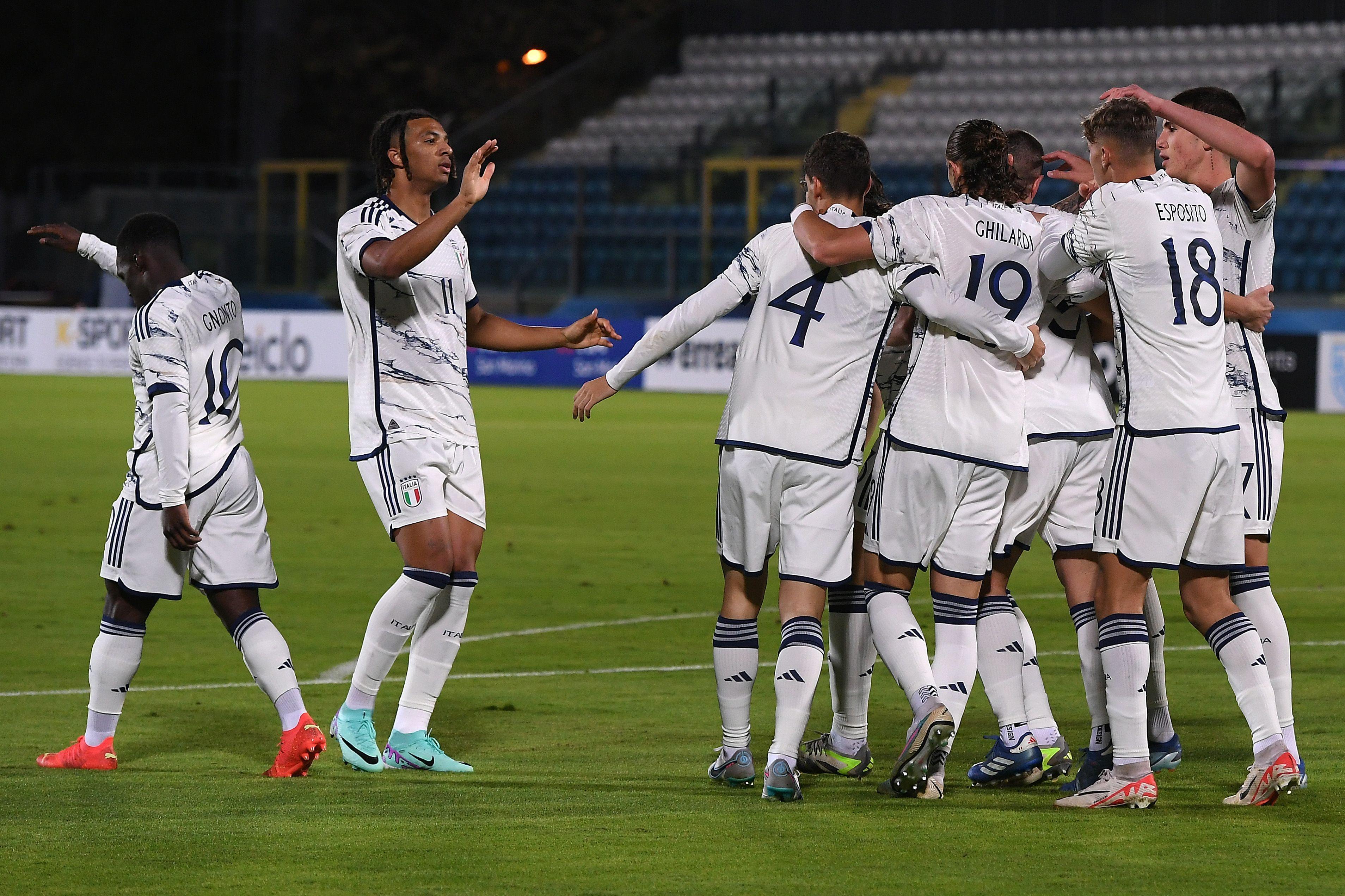 SAN MARINO, ITALY - NOVEMBER 16: Lorenzo Pirola of Italy U21 celebrates after scoring the opening goal during the UEFA Under21 Euro Qualifier match between San Marino U21 and Italy U21 at Serravalle on November 16, 2023 in San Marino, Italy. (Photo by Alessandro Sabattini/Getty Images)
