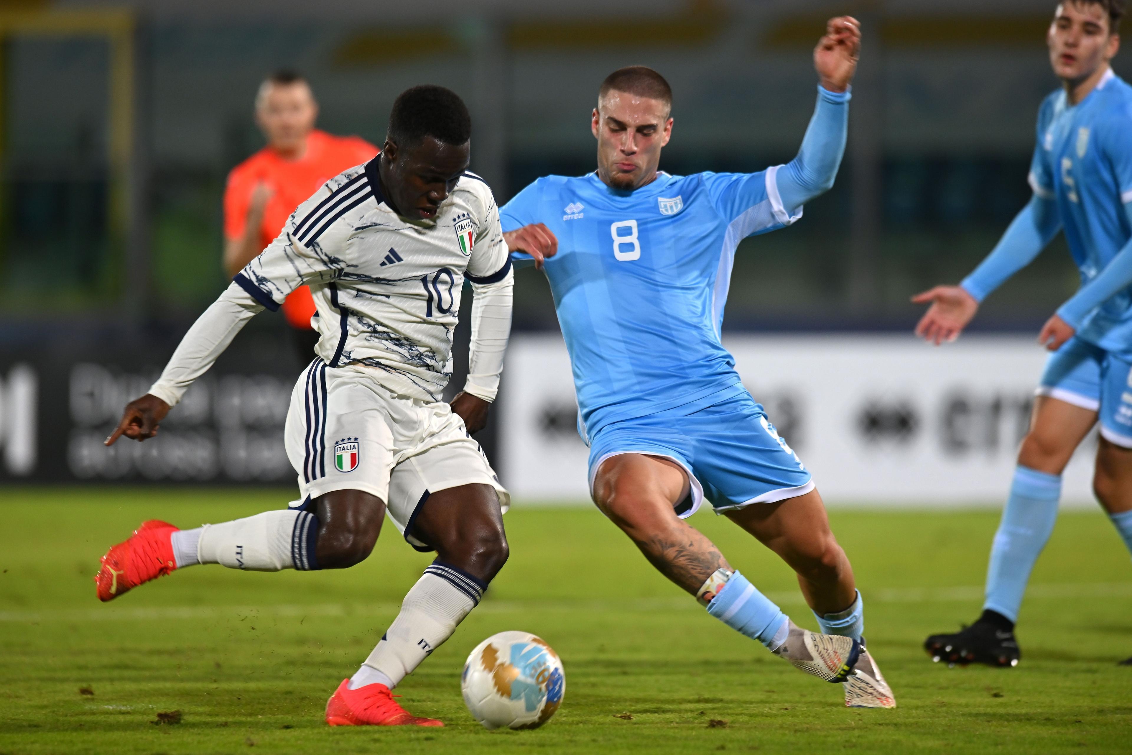 SAN MARINO, ITALY - NOVEMBER 16:  Wilfred Gnoto of Italy U21    scores his team third goal during the UEFA Under21 Euro Qualifier match between San Marino U21 and Italy U21 at Serravalle on November 16, 2023 in San Marino, Italy. (Photo by Alessandro Sabattini/Getty Images)