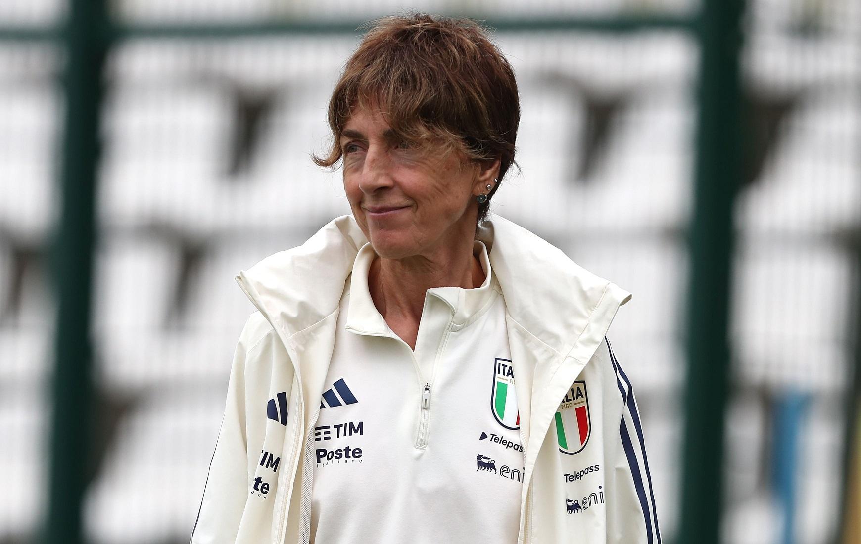 VERCELLI, ITALY - OCTOBER 26: Italy coach Nazzarena Grilli looks on before the Women's U23 European League between Italy and England at Silvio Piola Stadium on October 26, 2023 in Vercelli, Italy. (Photo by Marco Luzzani/Getty Images)