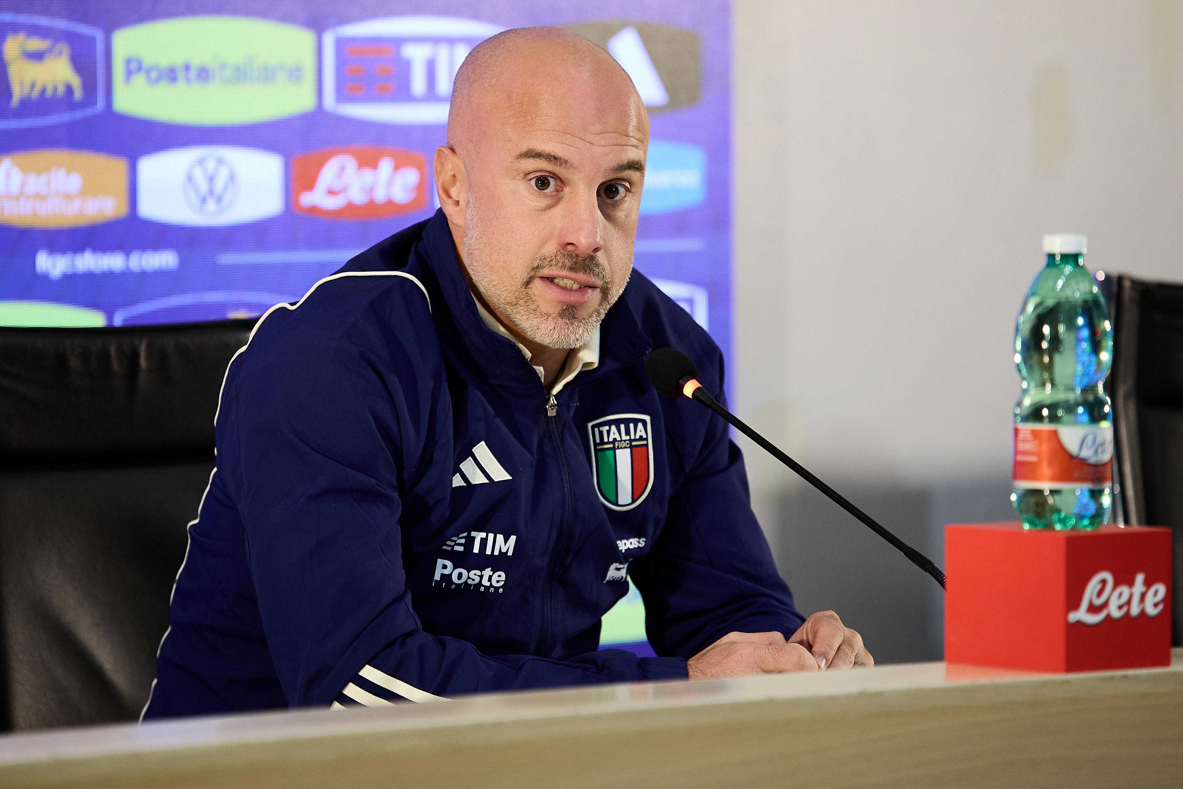 FLORENCE, ITALY - NOVEMBER 27: Andrea Soncin, head coach of Italy, during a press conference held prior to a training session at Centro Tecnico Federale di Coverciano on November 27, 2023 in Florence, Italy. (Photo by Emmanuele Ciancaglini/Getty Images)