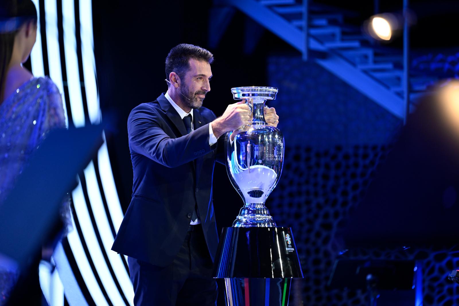 HAMBURG, GERMANY - DECEMBER 2: Special guest Gianluigi Buffon during the UEFA EURO 2024 Final Tournament Draw ceremony at the Elbphilharmonie on December 2, 2023, in Hamburg, Germany. (Photo by Kristian Skeie - UEFA/UEFA via Getty Images)