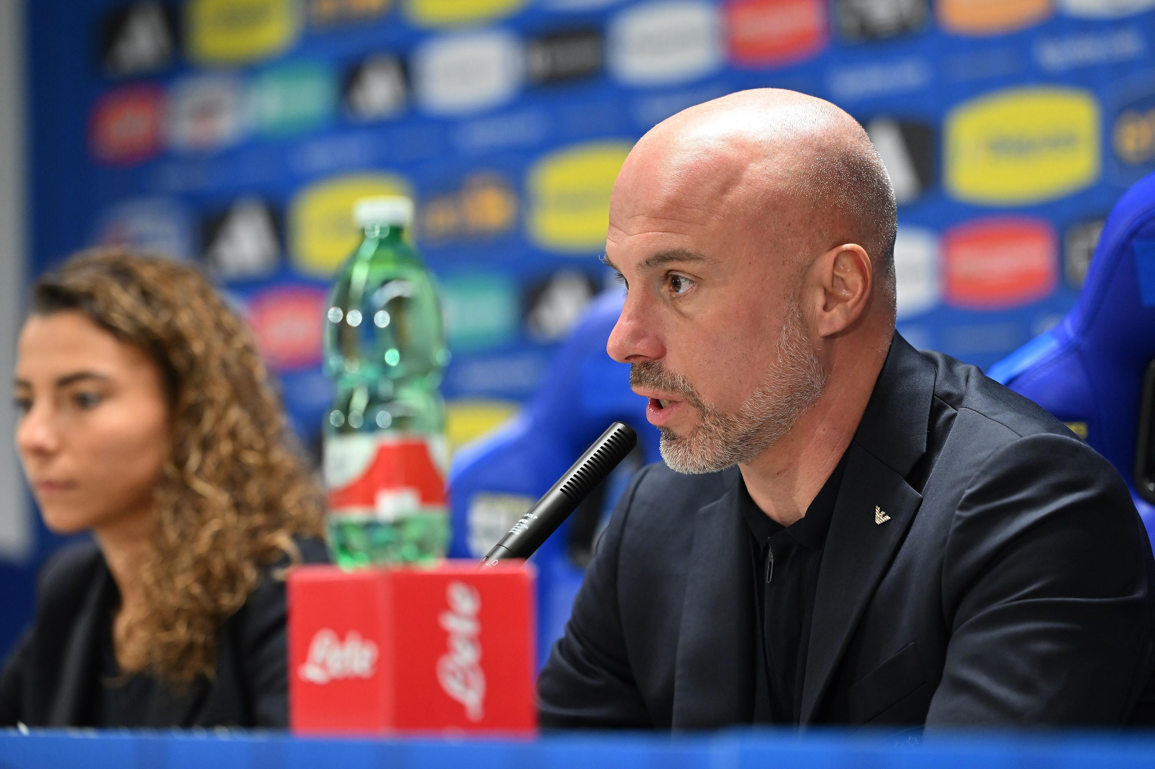 PARMA, ITALY - DECEMBER 04: Andrea Soncin head coach of Italy Women during the Italy Women Press Confernece & Walk About at Stadio Ennio Tardini on December 04, 2023 in Parma, Italy. (Photo by Alessandro Sabattini/Getty Images)