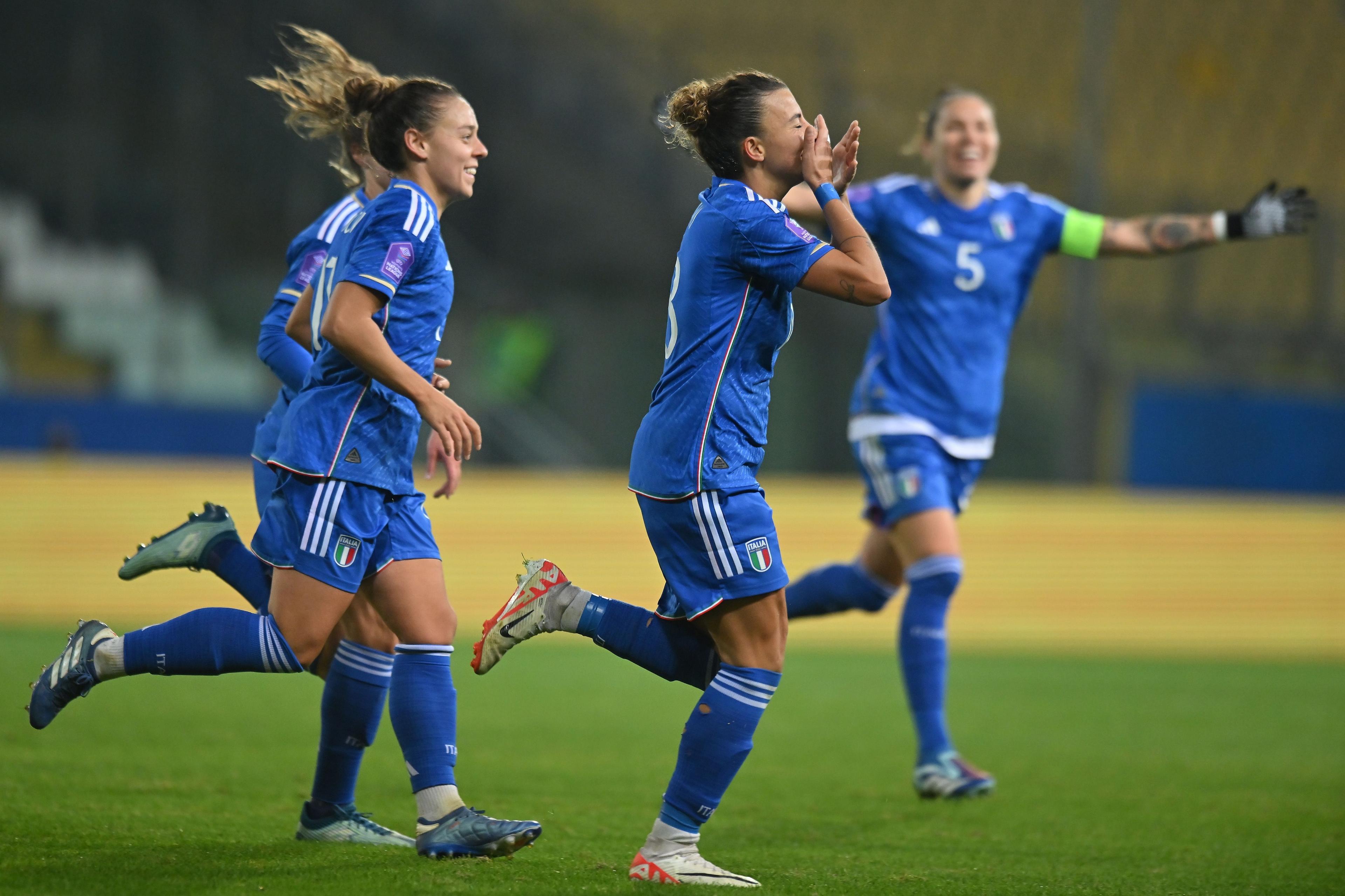 PARMA, ITALY - DECEMBER 05: Arianna Caruso of Italy Women celebrates after scoring his team third goal during the UEFA Womens Nations League match between Italy and Switzerland at Stadio Ennio Tardini on December 05, 2023 in Parma, Italy. (Photo by Alessandro Sabattini/Getty Images)