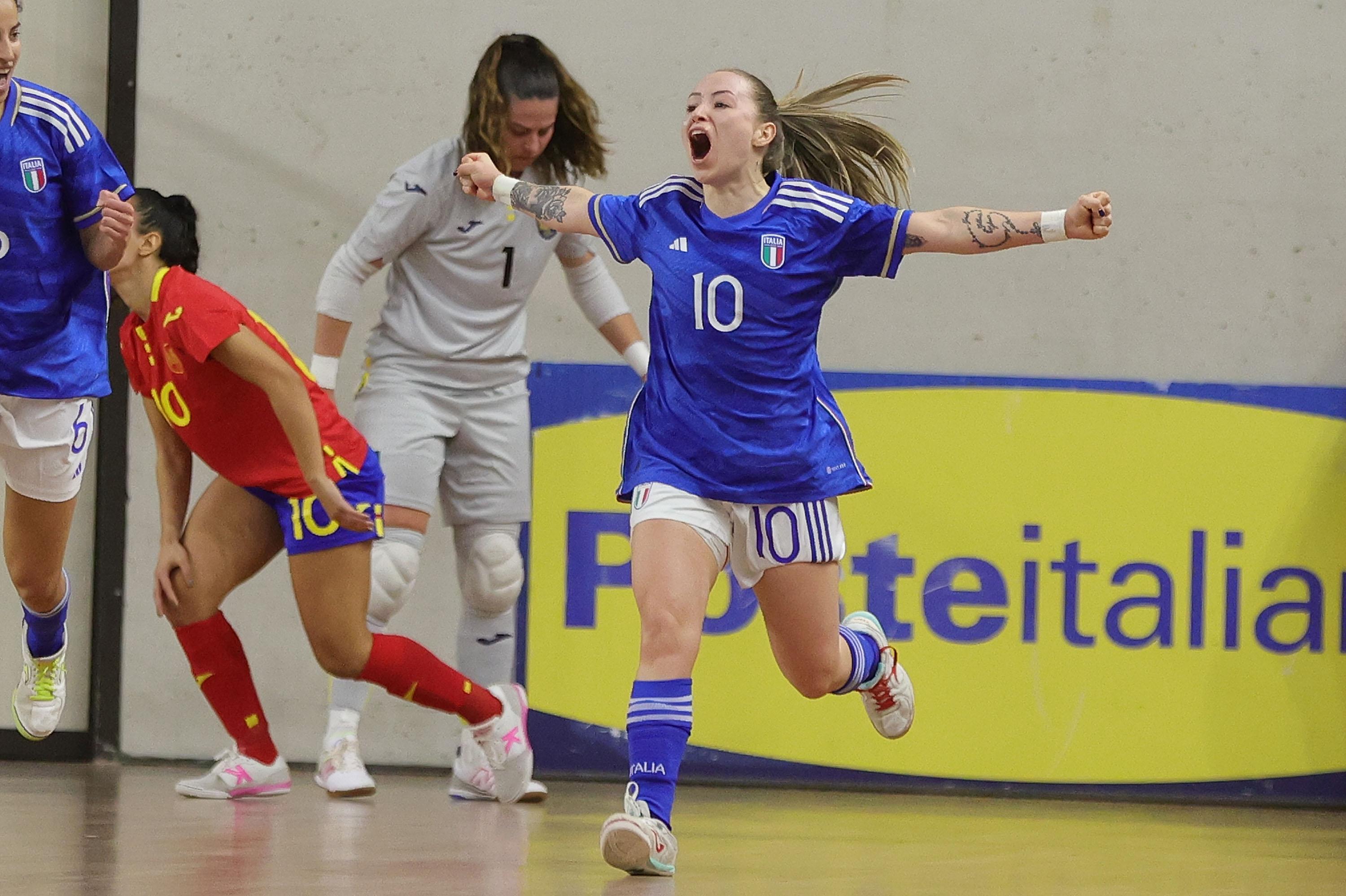 SCANDICCI, ITALY - DECEMBER 5: Gaby Vanelli of Italy celebrates after scoring a goal during the friendly match between Italy and Spain Women Futsal on December 5, 2023 in Scandicci, Italy. (Photo by Gabriele Maltinti/Getty Images) *** Local Caption *** Gaby Vanelli