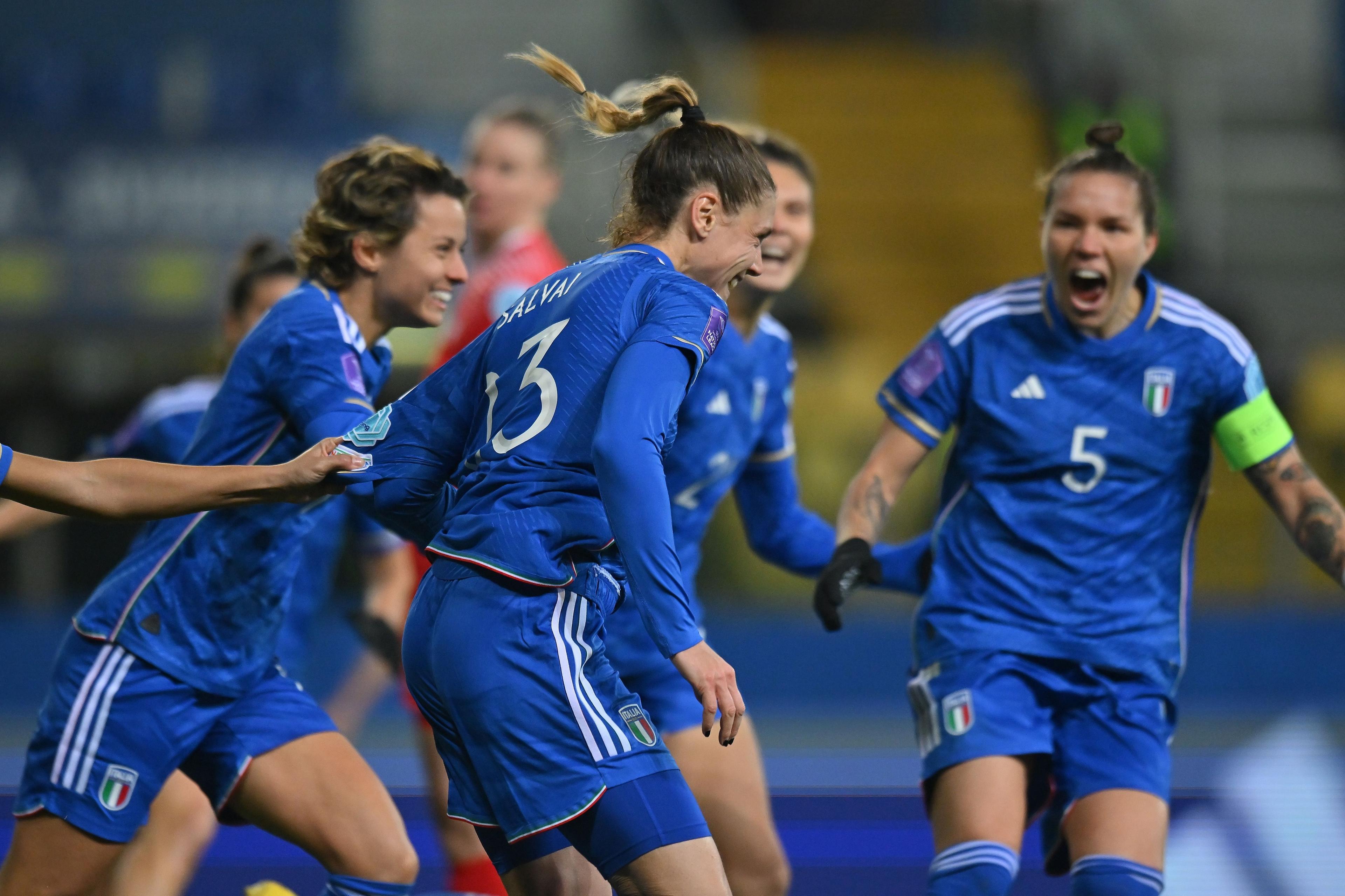 PARMA, ITALY - DECEMBER 05:  Cecilia Salvai of Italy Women  celebrates after scoring his team second goal during the UEFA Womens Nations League match between Italy and Switzerland at Stadio Ennio Tardini on December 05, 2023 in Parma, Italy. (Photo by Alessandro Sabattini/Getty Images)