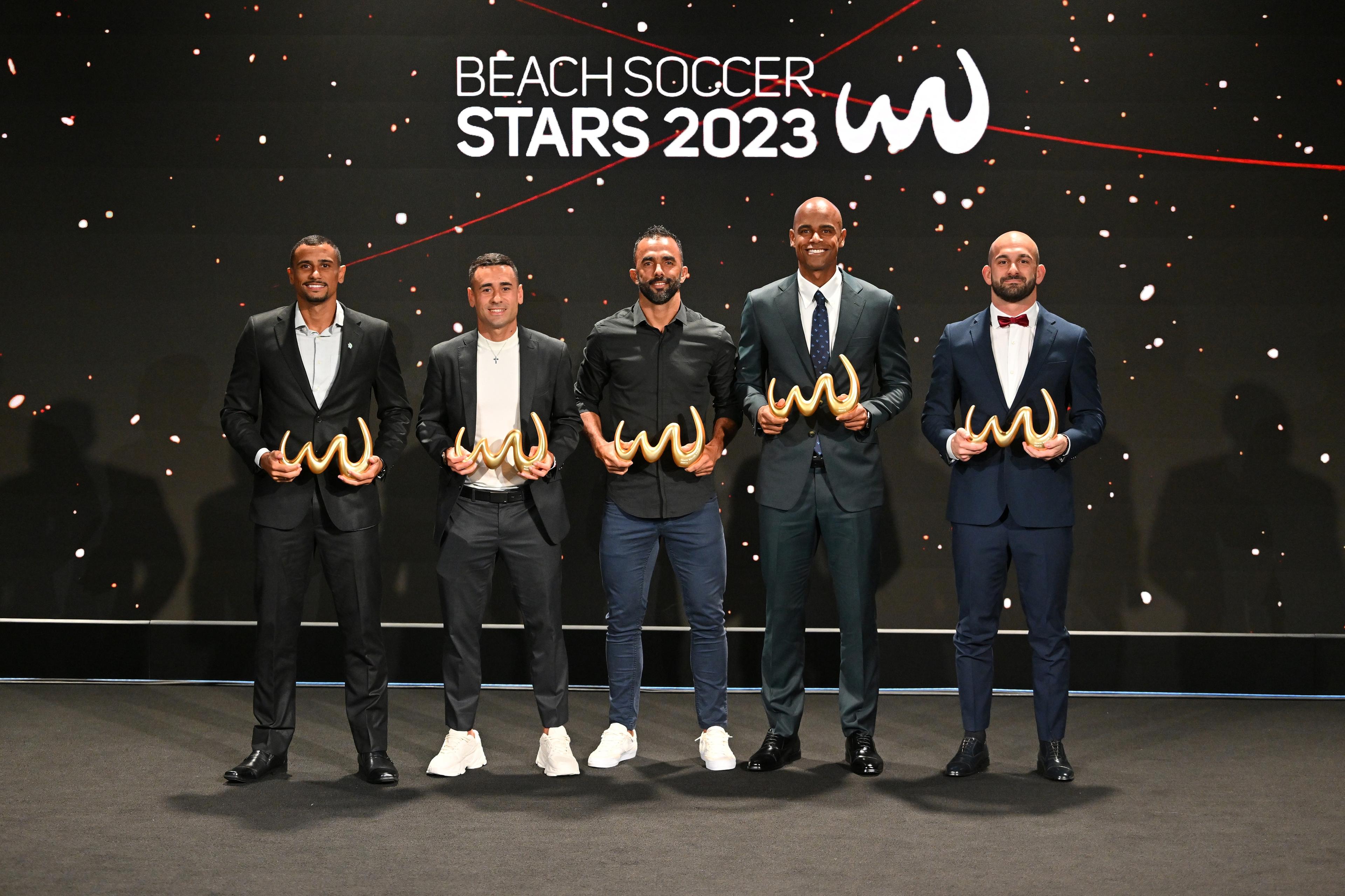 DUBAI, UNITED ARAB EMIRATES - FEBRUARY 12: (L-R) Rodrigo Soares of Brasil, Be Martins of Portugal, Bruno Xavier of Brasil, Ozu Moreira of Japan and Leandro Casapieri of Italy win Best Five Award during the FIFA Beach Soccer Stars 2023 Gala at Museum of the Future on February 12, 2024 in Dubai, United Arab Emirates. (Photo by Tullio Puglia - FIFA/FIFA via Getty Images)