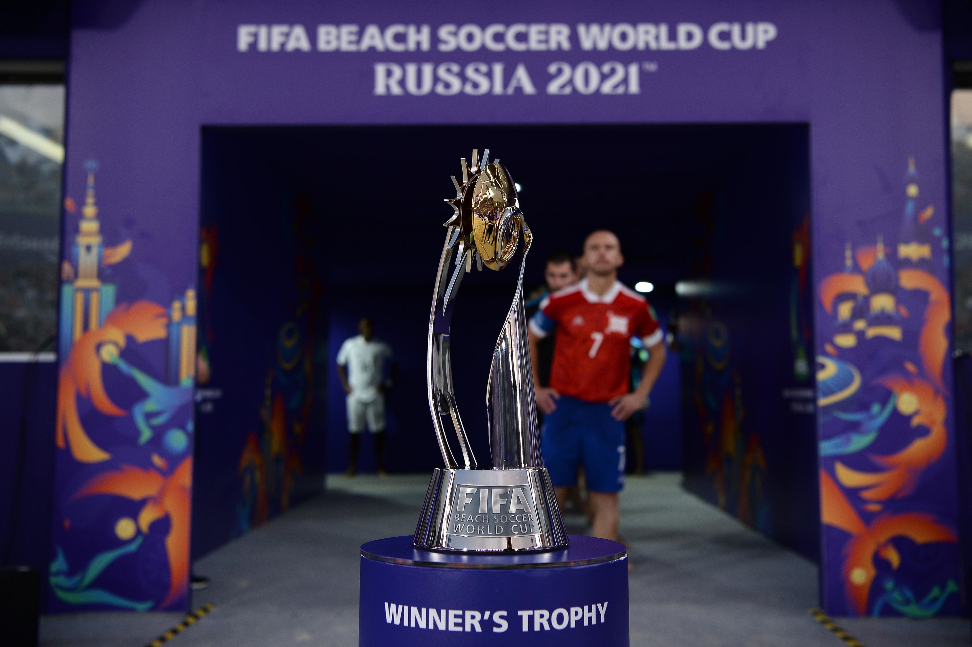 MOSCOW, RUSSIA - AUGUST 29: The FIFA Beach Soccer World Cup Winner's Trophy is seen prior to the FIFA Beach Soccer World Cup 2021 Final match between Football Union of Russia and Japan at Luzhniki Beach Soccer Stadium on August 29, 2021 in Moscow, Russia. (Photo by Octavio Passos - FIFA/FIFA via Getty Images)