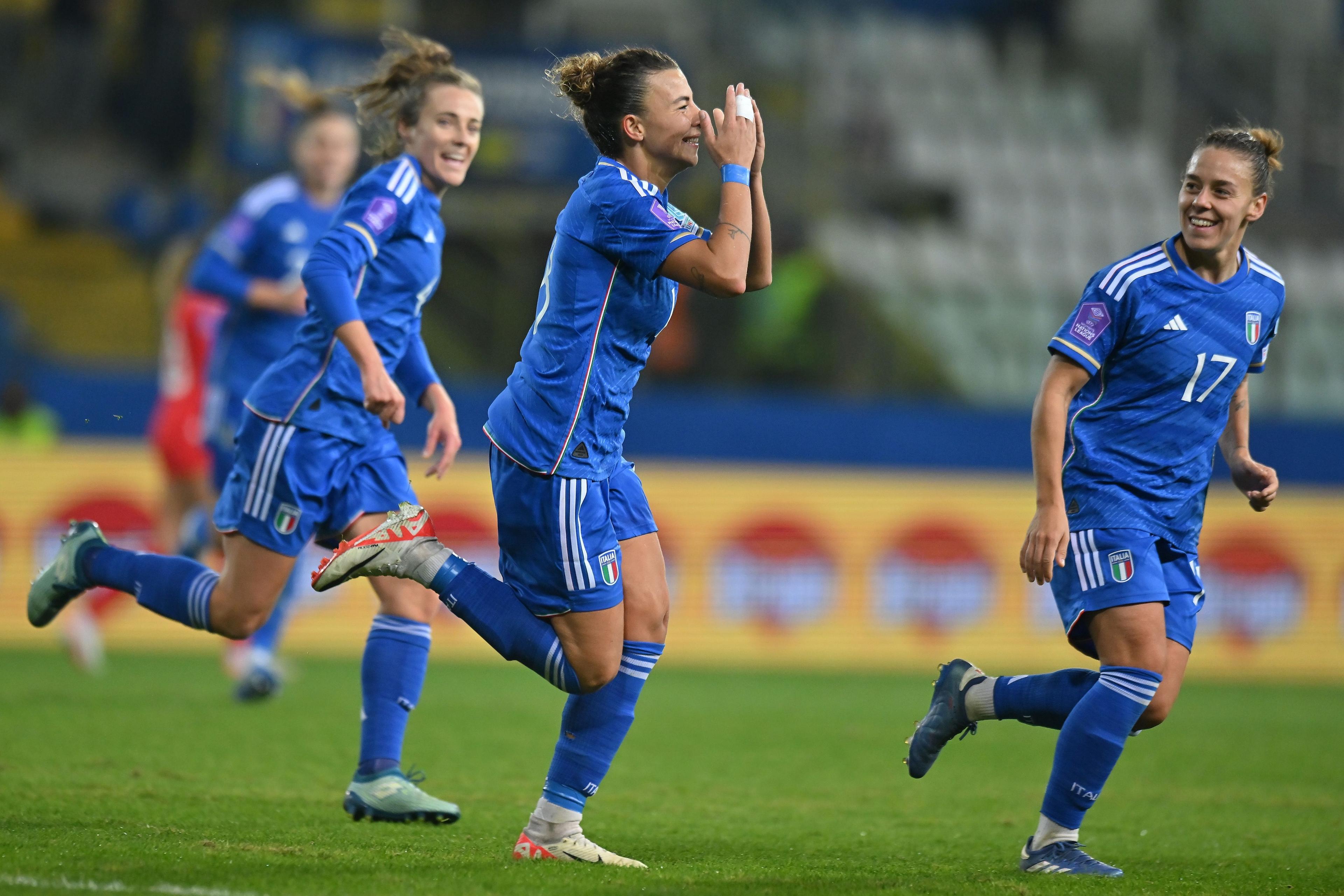 PARMA, ITALY - DECEMBER 05: Arianna Caruso of Italy Women celebrates after scoring his team third goal during the UEFA Womens Nations League match between Italy and Switzerland at Stadio Ennio Tardini on December 05, 2023 in Parma, Italy. (Photo by Alessandro Sabattini/Getty Images)