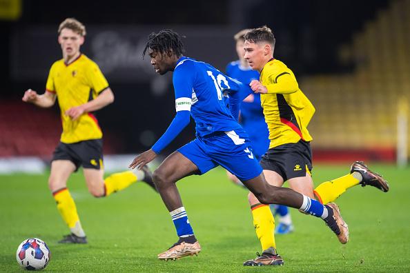 WATFORD, ENGLAND - JANUARY 09: Halid Djankpata of Everton runs with the ball during the FA Youth Cup match between Watford U18 and Everton U18 at Vicarage Road on January 09, 2023 in Watford, England. (Photo by Emma Simpson - Everton FC/Everton FC via Getty Images)