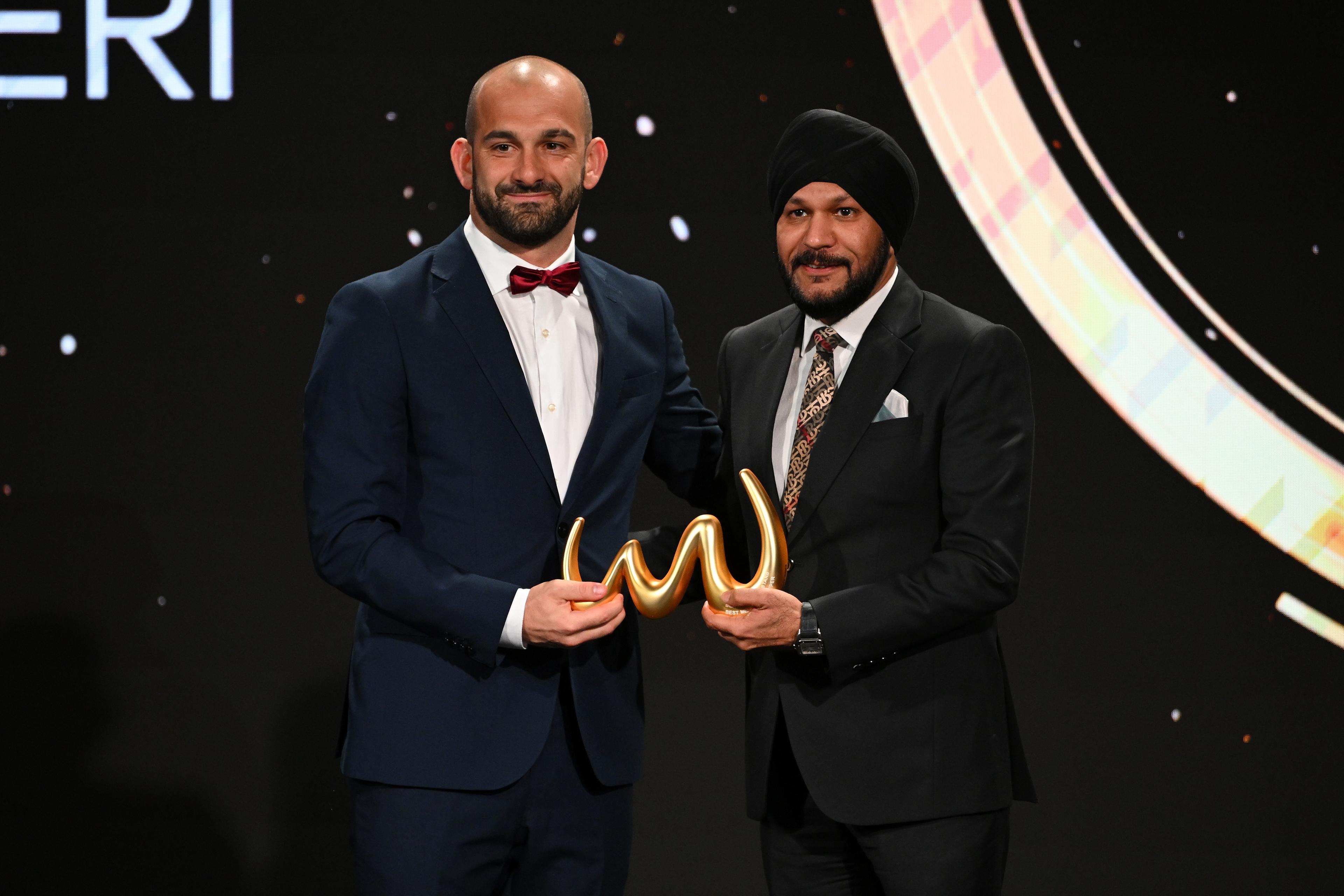 DUBAI, UNITED ARAB EMIRATES - FEBRUARY 12: Leandro Casapieri of Italy wins the Best Men\\u2019s Goalkeeper award during the FIFA Beach Soccer Stars 2023 Gala at Museum of the Future on February 12, 2024 in Dubai, United Arab Emirates. (Photo by Tullio Puglia - FIFA/FIFA via Getty Images)