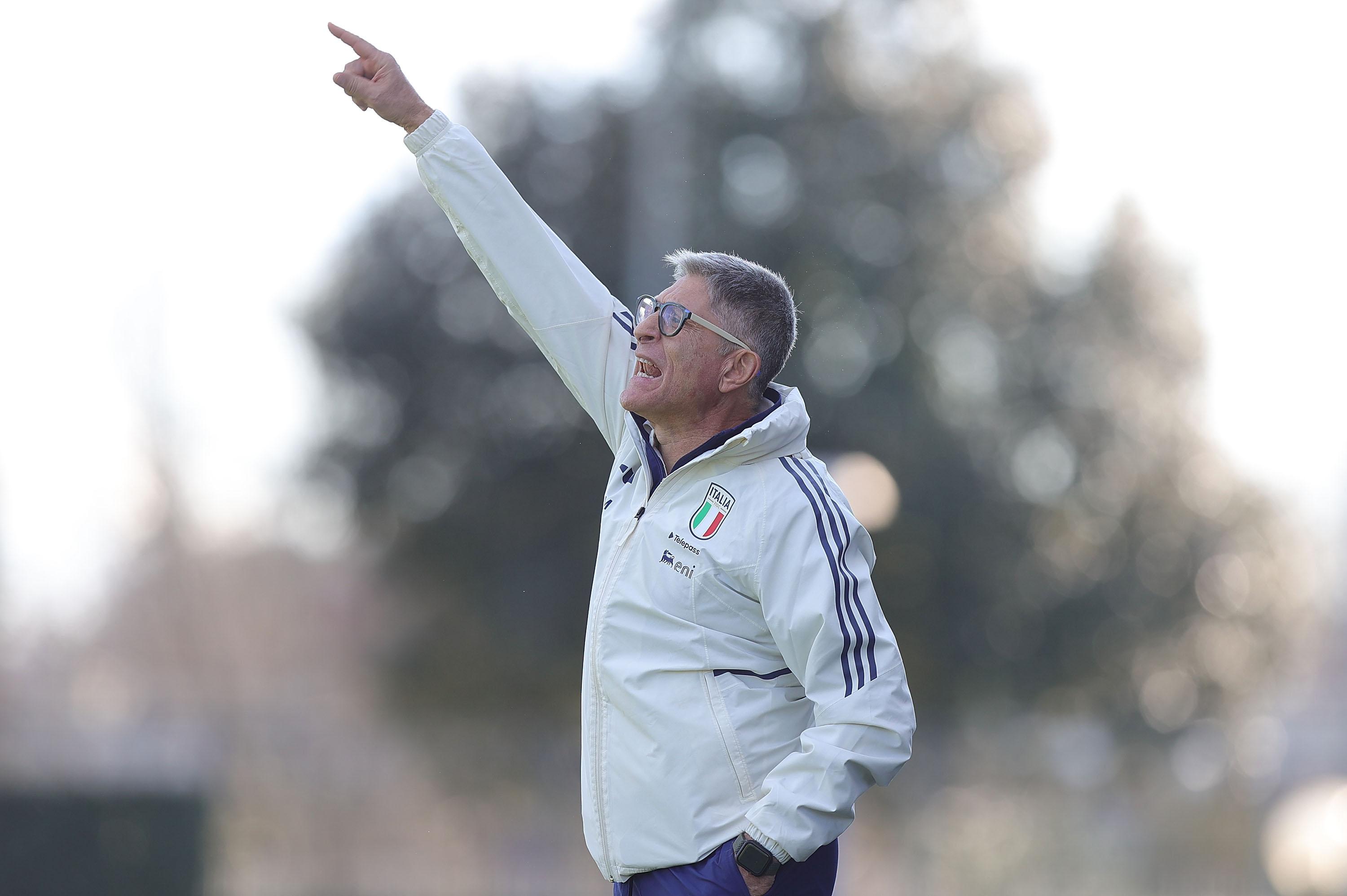 FLORENCE, ITALY - FEBRUARY 13: Massimiliano Favo manager of Italy U17 gestures during the International friendly match between Italy U17 and France U17 at Centro Tecnico Federale di Coverciano on February 13, 2024 in Florence, Italy. (Photo by Gabriele Maltinti/Getty Images) *** Local Caption *** Massimiliano Favo