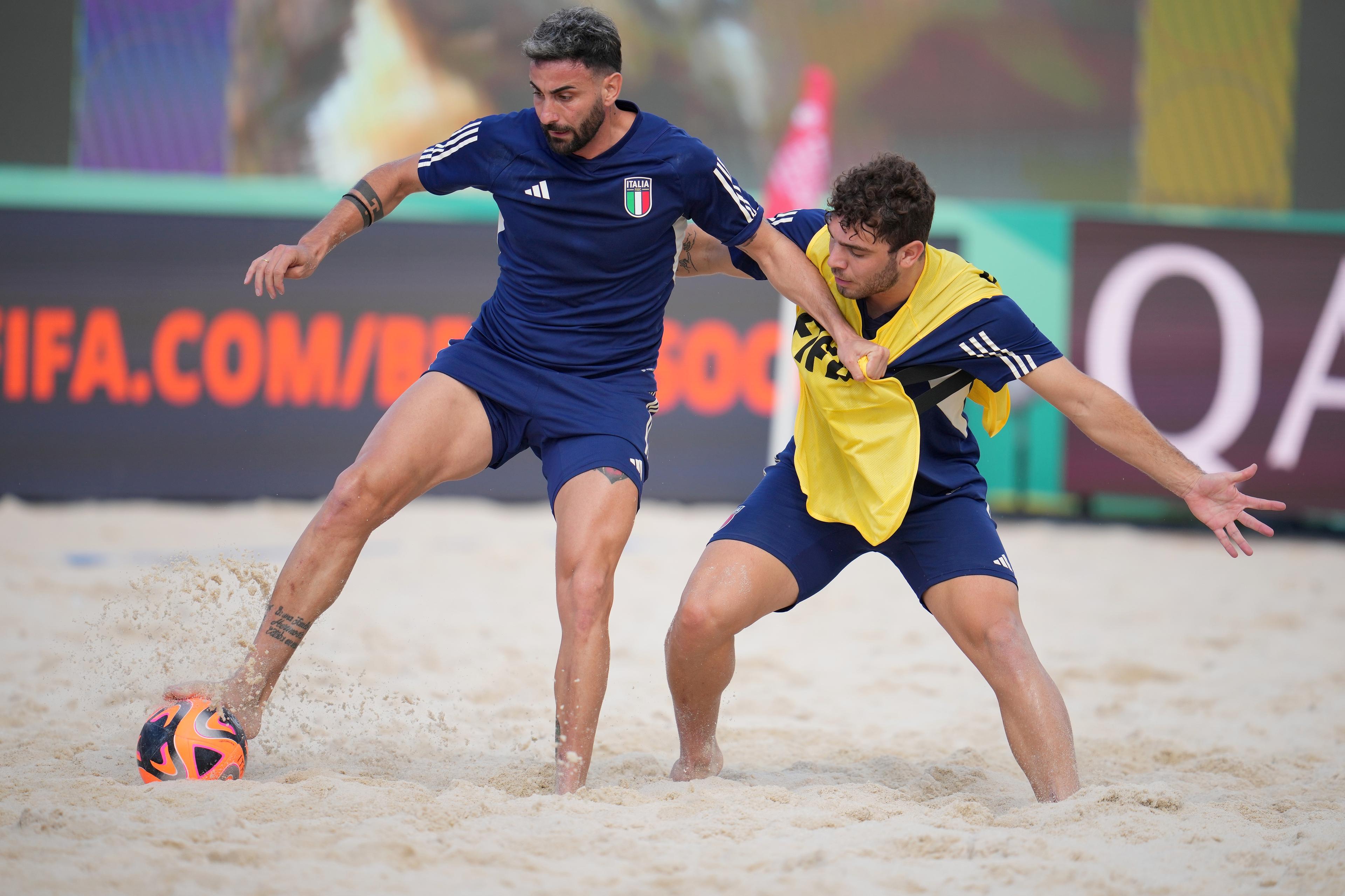 DUBAI, UNITED ARAB EMIRATES - FEBRUARY 13: Fabio Sciacca and Luca Bertacca of Italy in action during the FIFA Beach Soccer World Cup UAE 2024 portrait shoot on February 13, 2024 in Dubai, United Arab Emirates. (Photo by Aitor Alcalde - FIFA/FIFA via Getty Images)