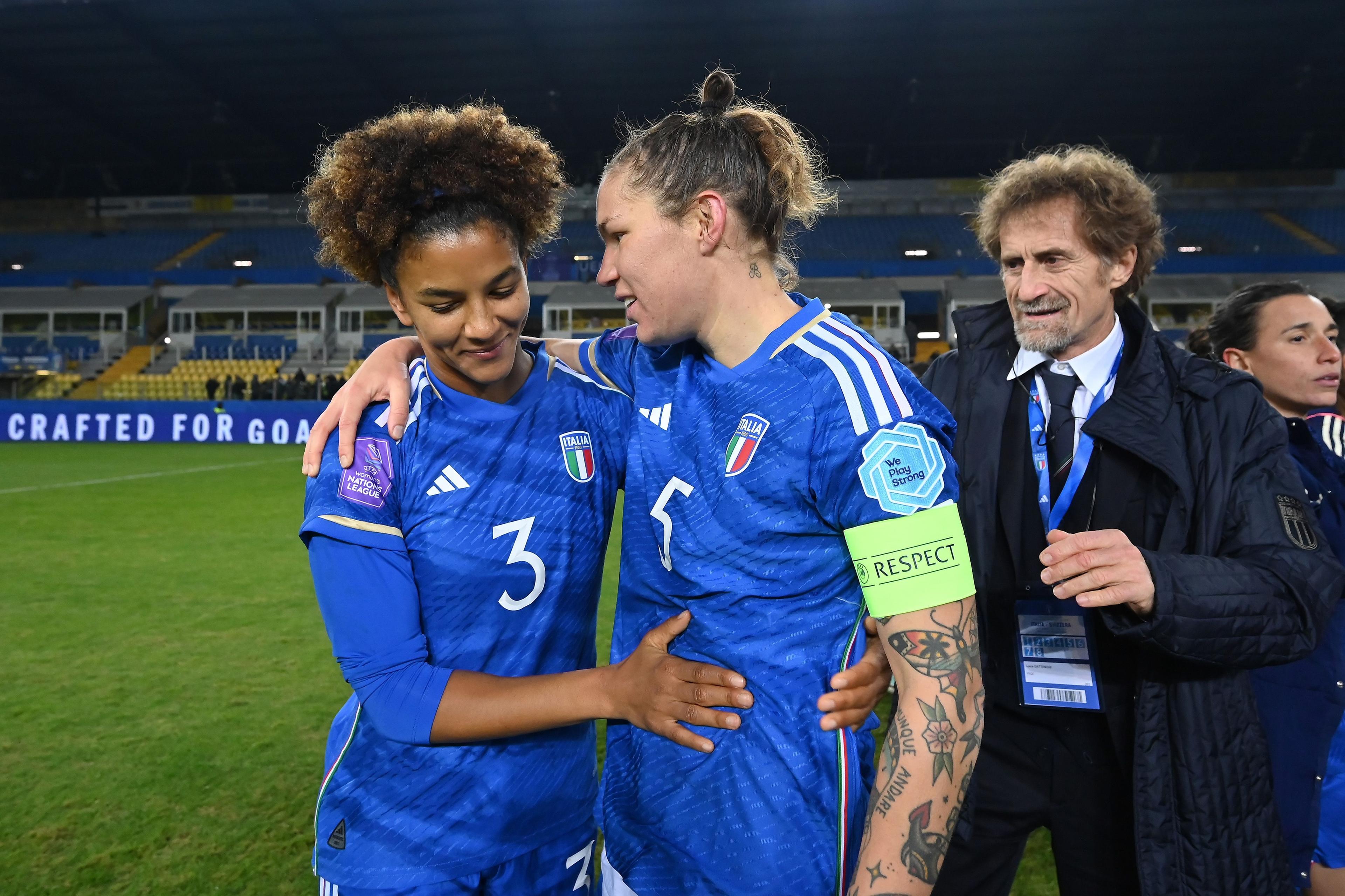PARMA, ITALY - DECEMBER 05: Sara Gama embraces Elena Linari of Italy Women during the UEFA Womens Nations League match between Italy and Switzerland at Stadio Ennio Tardini on December 05, 2023 in Parma, Italy. (Photo by Alessandro Sabattini/Getty Images)