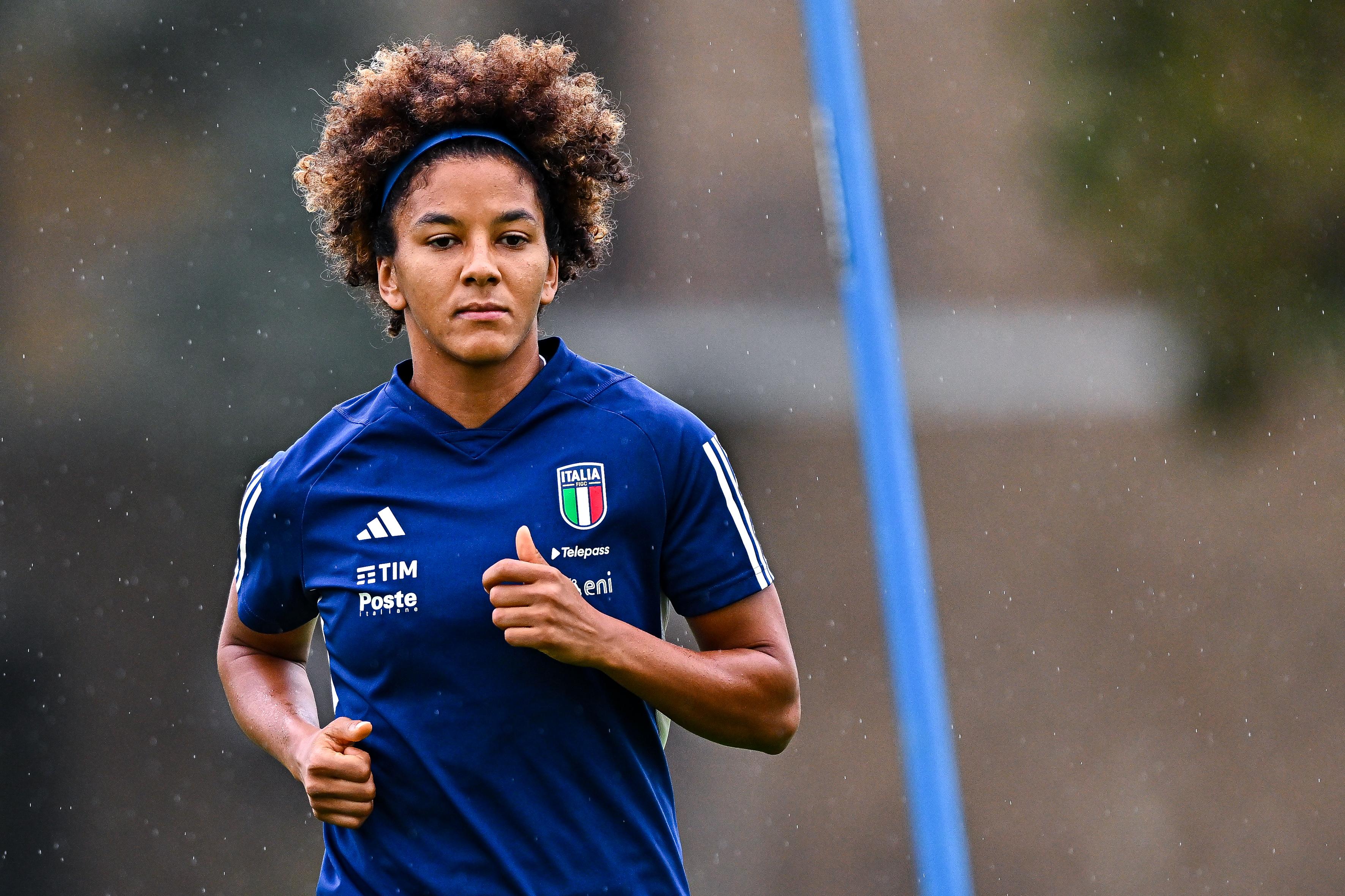 FLORENCE, ITALY - OCTOBER 23: Sara Gama of Italy is seen in action during a training session at Centro Tecnico Federale di Coverciano on October 23, 2023 in Florence, Italy. (Photo by Simone Arveda/Getty Images)