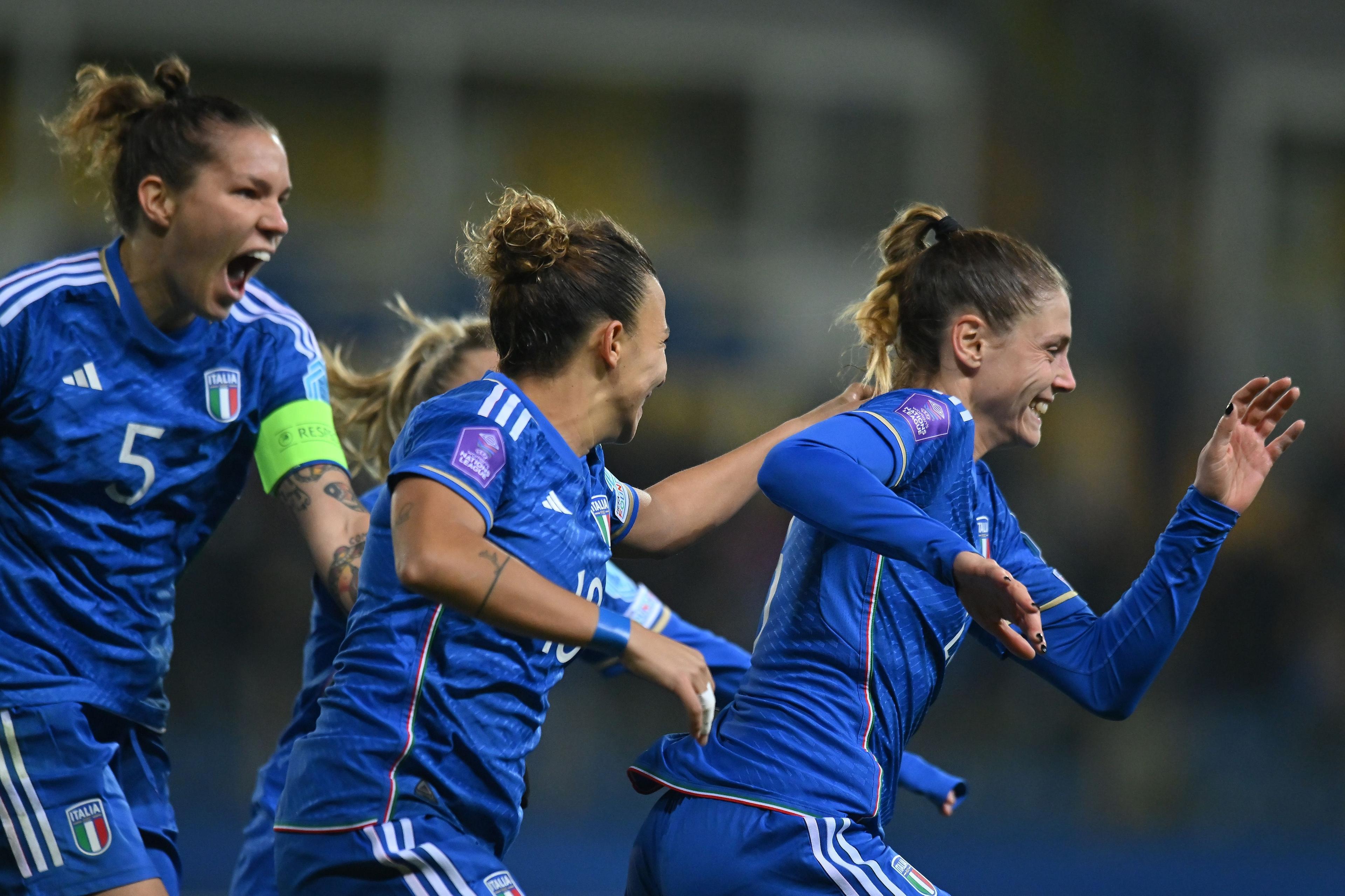 PARMA, ITALY - DECEMBER 05: Cecilia Salvai of Italy Women celebrates after scoring his team second goal during the UEFA Womens Nations League match between Italy and Switzerland at Stadio Ennio Tardini on December 05, 2023 in Parma, Italy. (Photo by Alessandro Sabattini/Getty Images)