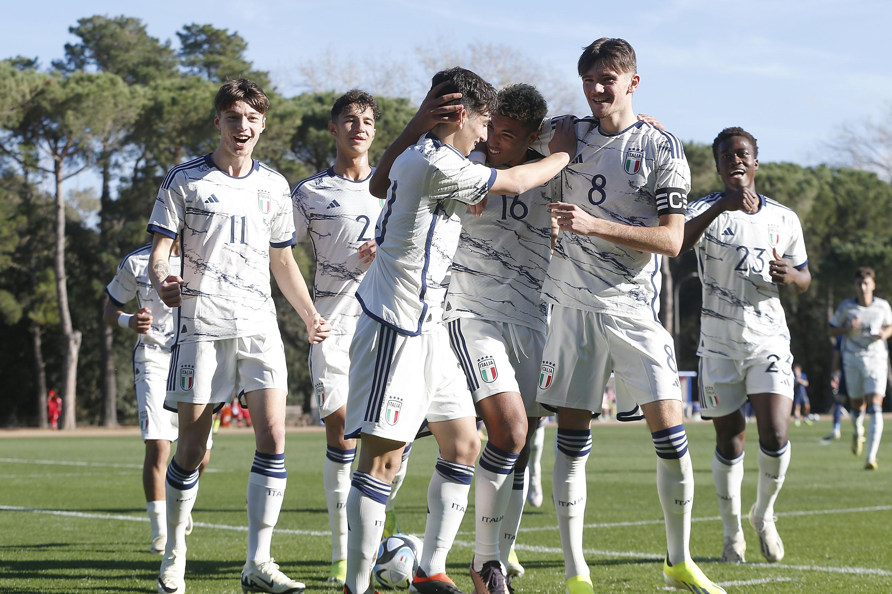 TIRRENIA, ITALY - FEBRUARY 14: Maat Daniel Caprini of Italy U18 celebrates after scoring a goal during the International friendly match between Italy U18 and Slovakia U18 at Centro Tecnico di Preparazione Olimpica on February 14, 2024 in Tirrenia, Italy. (Photo by Gabriele Maltinti/Getty Images) *** Local Caption *** Maat Daniel Caprini