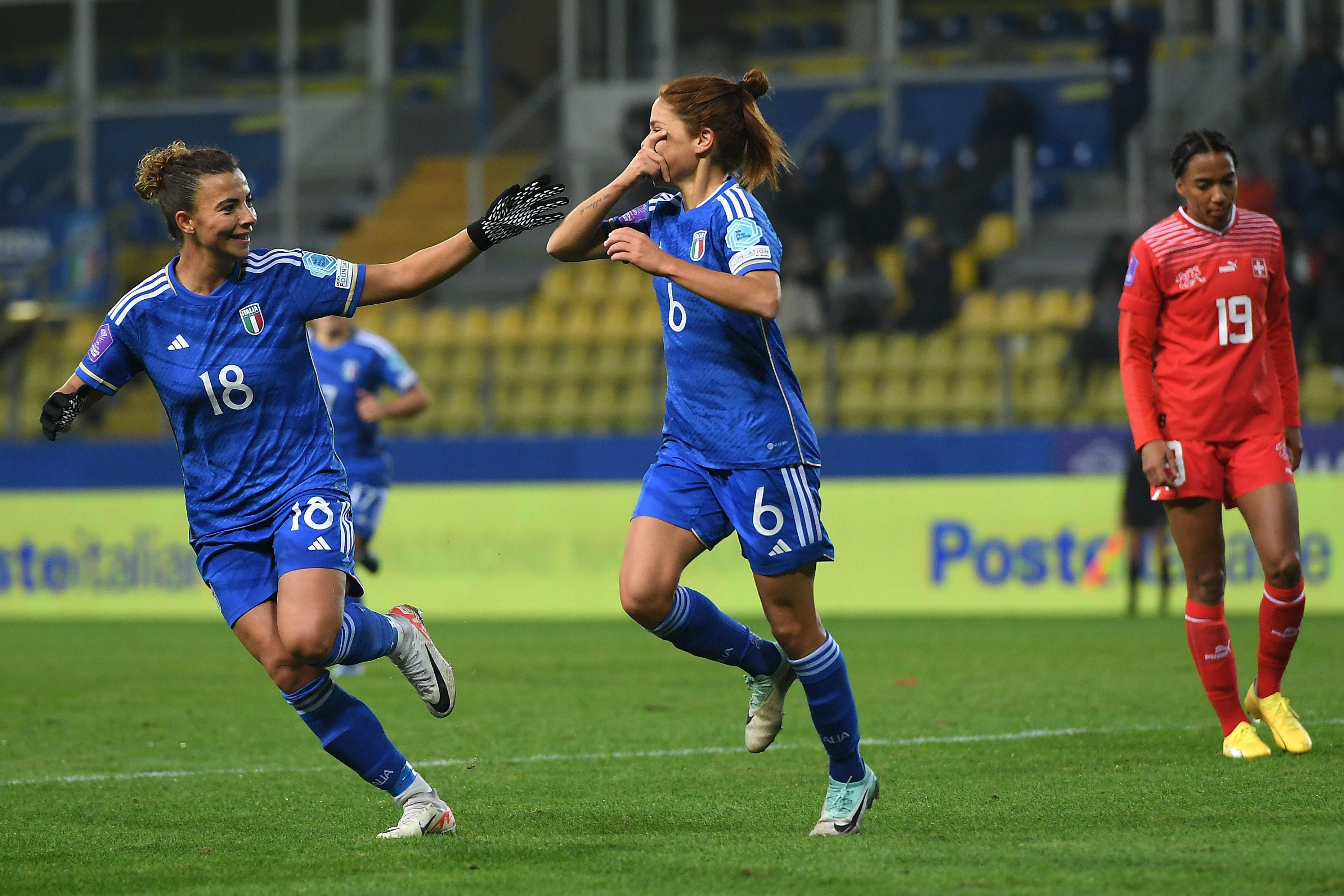 PARMA, ITALY - DECEMBER 05: Manuela Giugliano of Italy Women celebrates after scoring the opening goal during the UEFA Womens Nations League match between Italy and Switzerland at Stadio Ennio Tardini on December 05, 2023 in Parma, Italy. (Photo by Alessandro Sabattini/Getty Images)