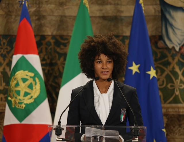 ROME, ITALY - OCTOBER 15: Italy women team player Sara Gama attends the meeting with Italy team at Quirinale Palace on October 15, 2018 in Rome, Italy. (Photo by Paolo Bruno/Getty Images)