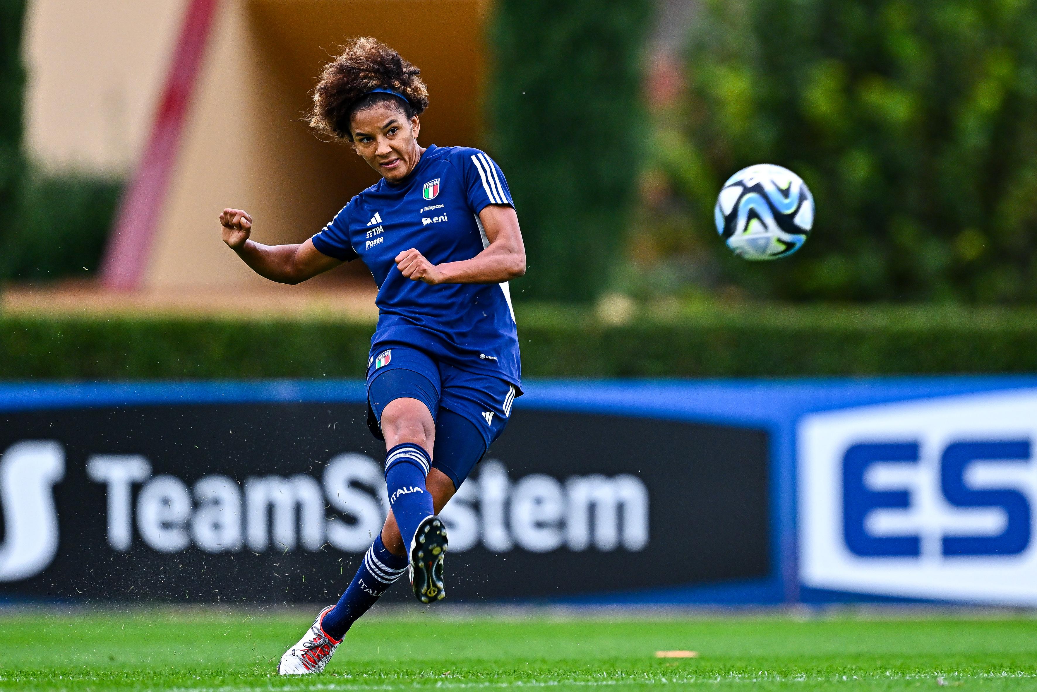 FLORENCE, ITALY - OCTOBER 23: Sara Gama of Italy is seen in action during a training session at Centro Tecnico Federale di Coverciano on October 23, 2023 in Florence, Italy. (Photo by Simone Arveda/Getty Images)