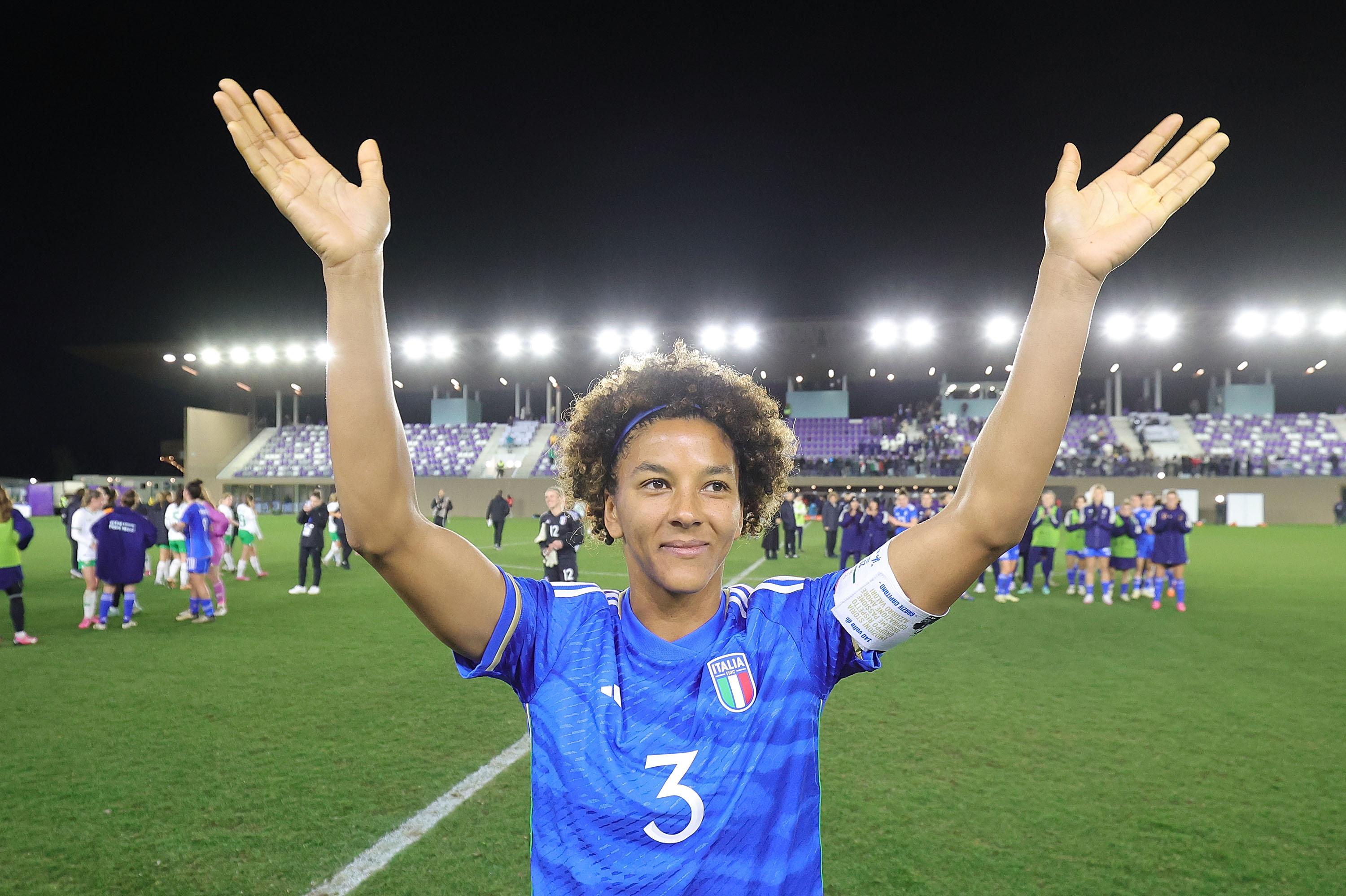 FLORENCE, ITALY - FEBRUARY 22: Sara Gama of Italy Women says goodbye to the national team in her last match with the blue shirt during Italy and Ireland - Women International friendly match at Viola Park on February 22, 2024 in Florence, Italy. (Photo by Gabriele Maltinti/Getty Images) *** Local Caption *** Sara Gama