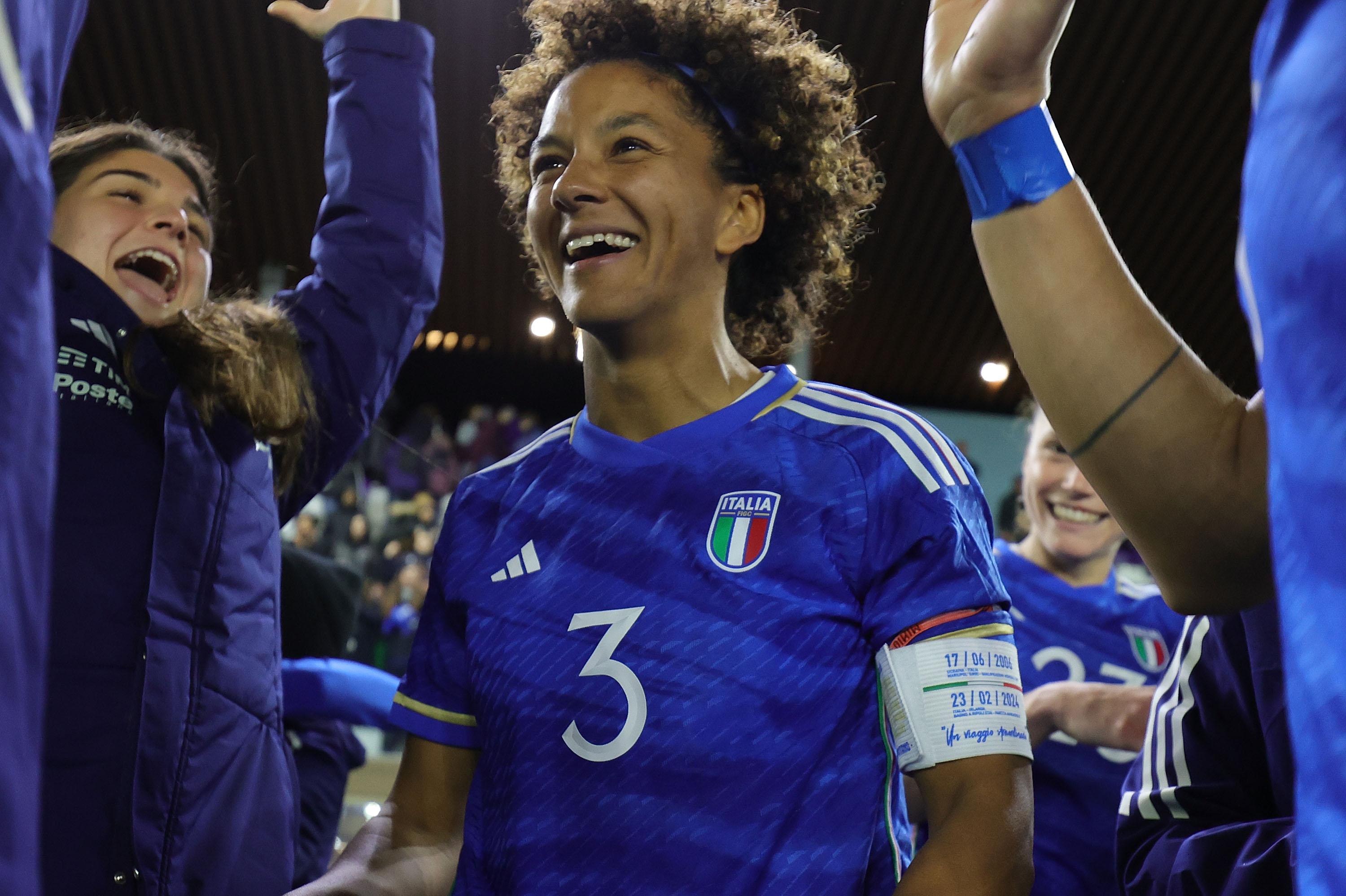 FLORENCE, ITALY - FEBRUARY 22: Sara Gama of Italy Women says goodbye to the national team in her last match with the blue shirt during Italy and Ireland - Women International friendly match at Viola Park on February 22, 2024 in Florence, Italy. (Photo by Gabriele Maltinti/Getty Images) *** Local Caption *** Sara Gama