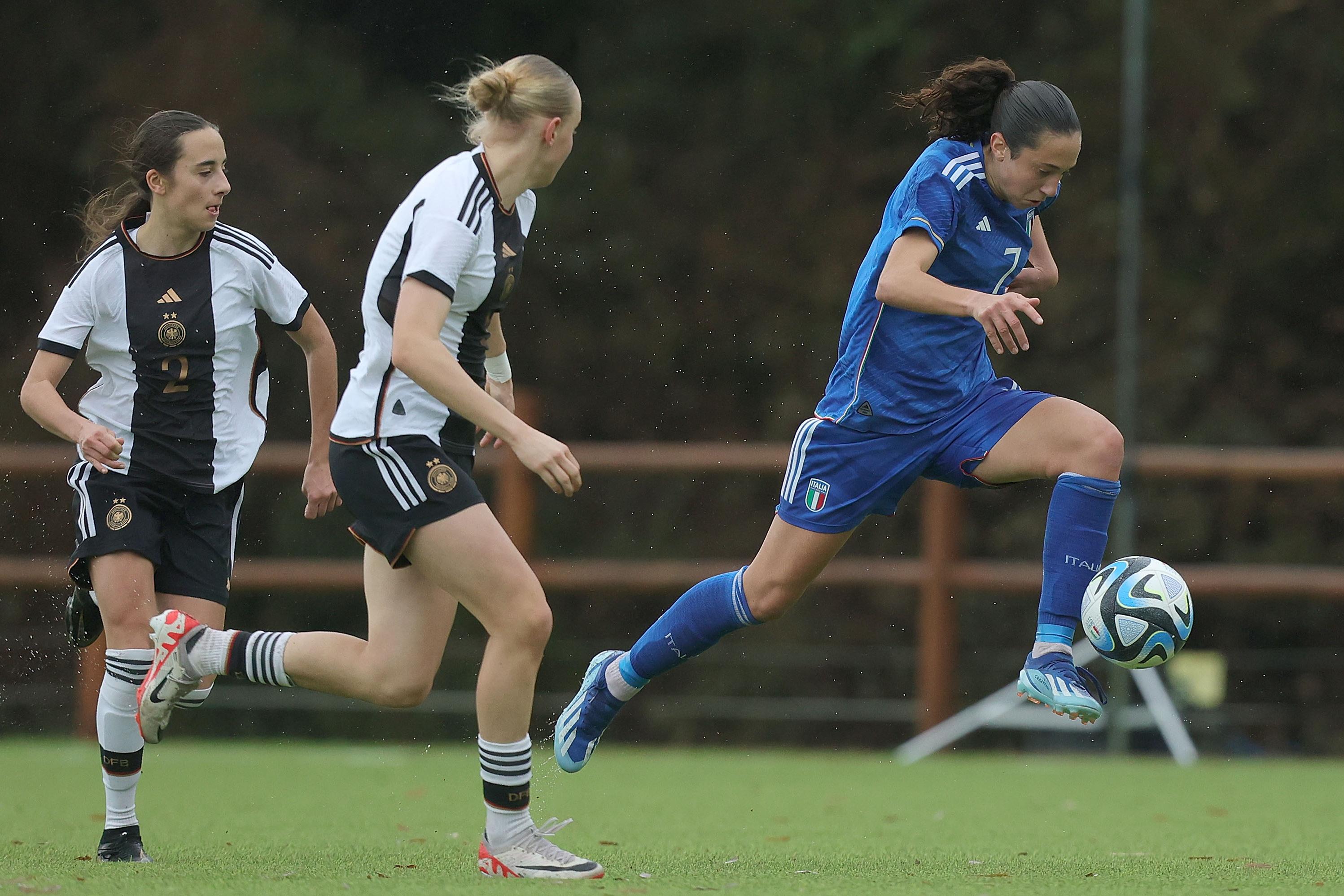 TIRRENIA, ITALY - FEBRUARY 27: Giulia Galli of Italy Women U17 in action  during the Women  U17 International Friendly match beteween Italy and Germany at Centro di Preparazione Olimpica di Tirrenia on February 27, 2024 in Tirrenia, Italy. (Photo by Gabriele Maltinti/Getty Images) *** Local Caption *** Giulia Galli