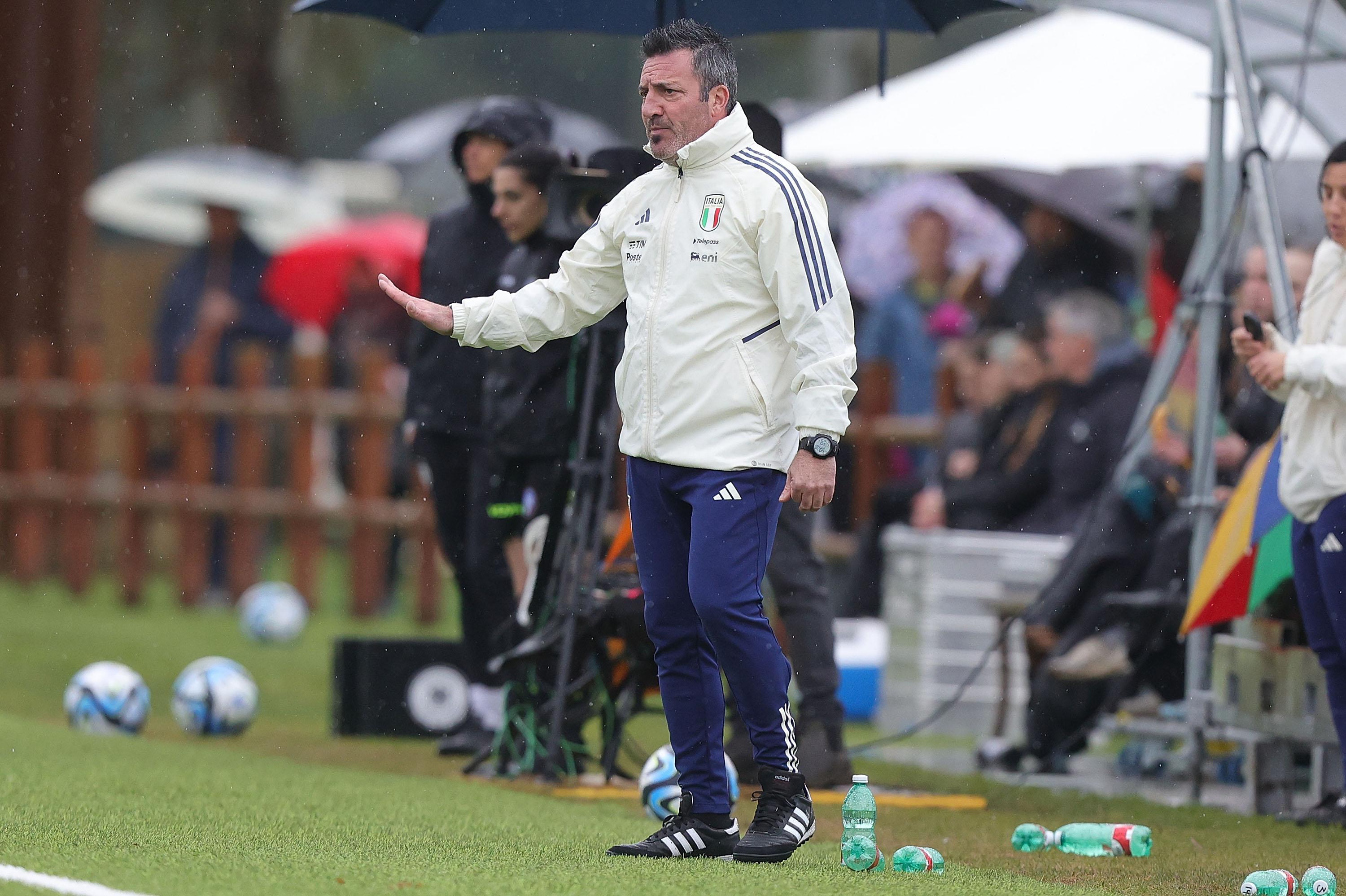 TIRRENIA, ITALY - FEBRUARY 27: Jacopo Leandri manager of Italy U17 gestures during the Women U17 International Friendly match beteween Italy and Germany at Centro di Preparazione Olimpica di Tirrenia on February 27, 2024 in Tirrenia, Italy. (Photo by Gabriele Maltinti/Getty Images) *** Local Caption *** Jacopo Leandri