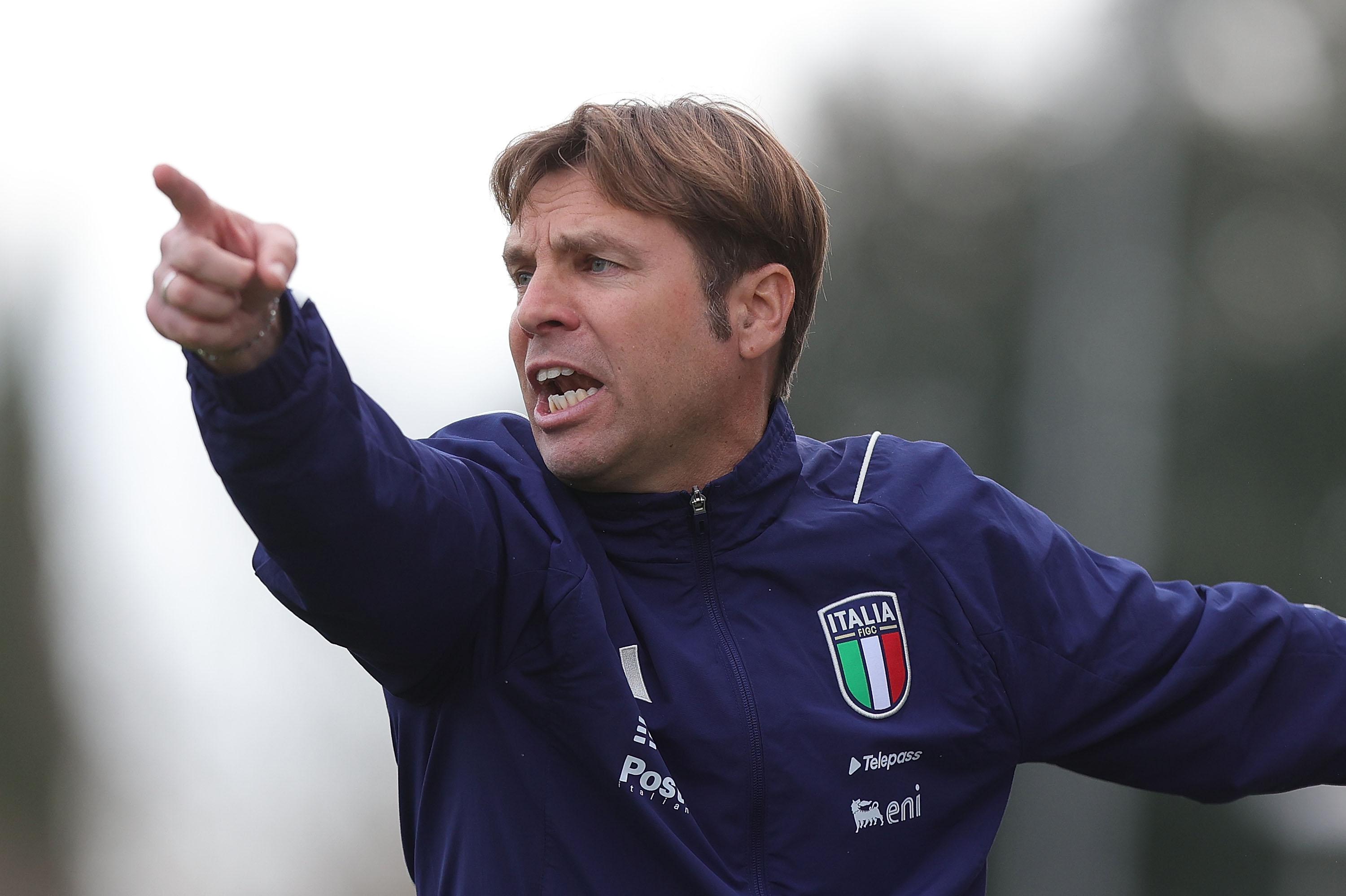 FLORENCE, ITALY - MARCH 5: Enrico Battisti manager of Italy U15 gestures during the International friendly match between Italy U15 and Spain U15 at Centro Tecnico di Coverciano on March 5, 2024 in Florence, Italy. (Photo by Gabriele Maltinti/Getty Images) *** Local Caption *** Enrico Battisti