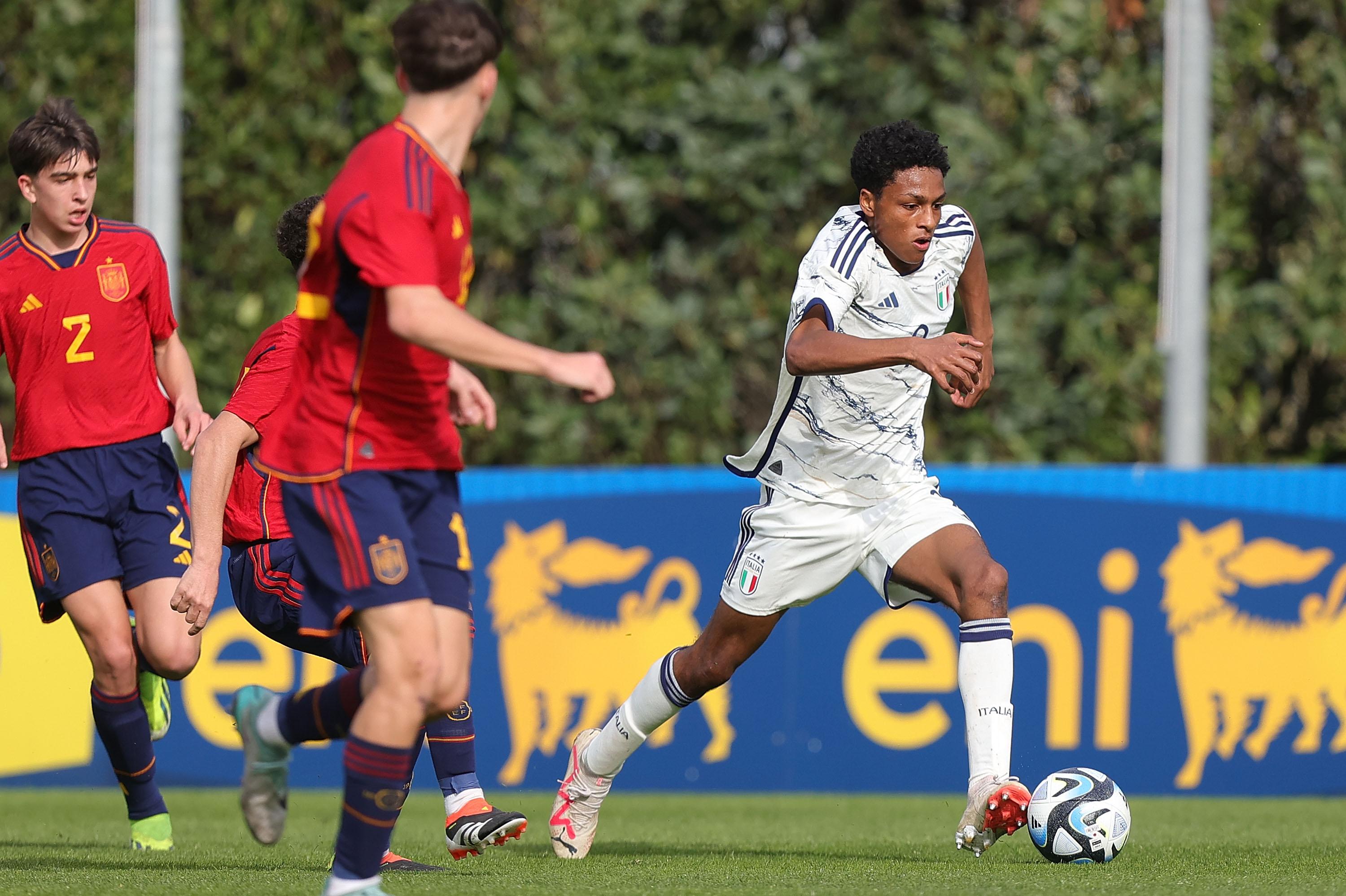 FLORENCE, ITALY - MARCH 5: Kevin Fustini of Italy U15 in action during the International friendly match between Italy U15 and Spain U15 at Centro Tecnico di Coverciano on March 5, 2024 in Florence, Italy. (Photo by Gabriele Maltinti/Getty Images) *** Local Caption *** Kevin Fustini
