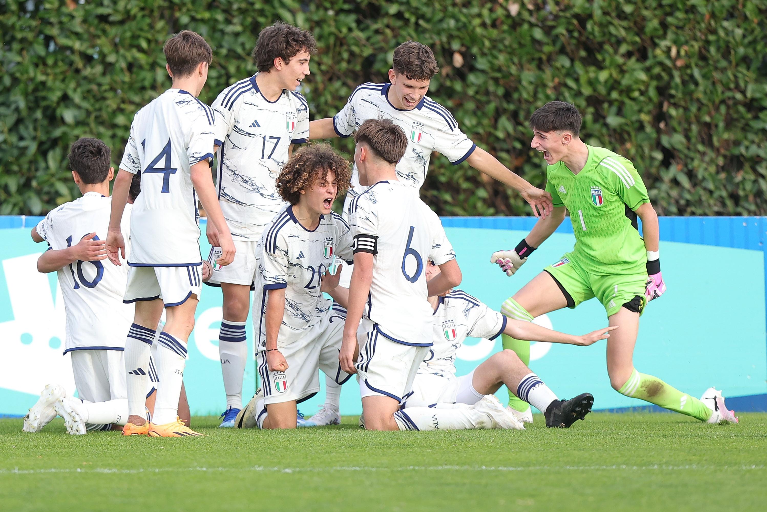 FLORENCE, ITALY - MARCH 5: Samuele Pisati of Italy U15 celebrates after scoring a goal during the International friendly match between Italy U15 and Spain U15 at Centro Tecnico di Coverciano on March 5, 2024 in Florence, Italy. (Photo by Gabriele Maltinti/Getty Images) *** Local Caption *** Samuele Pisati