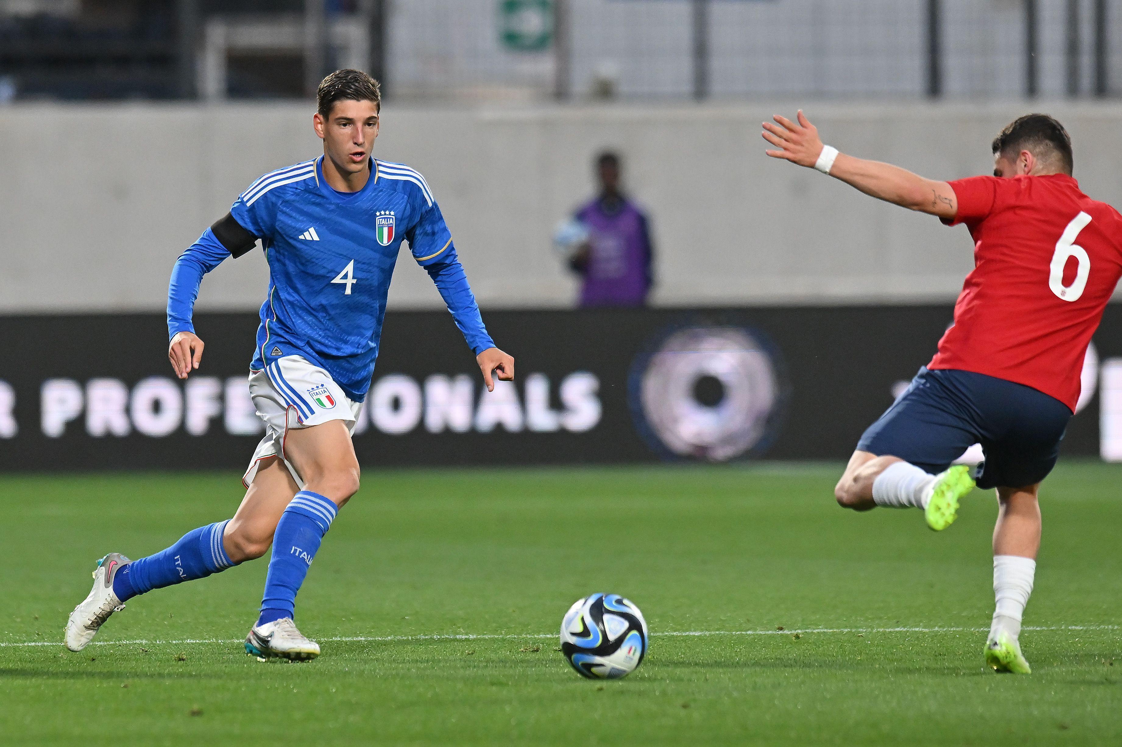 BOLZEN, ITALY - OCTOBER 17: Matteo Prati of Italy in action during the UEFA U21 EURO Qualifier match between Italy and Norway at Stadio Druso on October 17, 2023 in Bolzen, Italy. (Photo by Alessandro Sabattini/Getty Images)