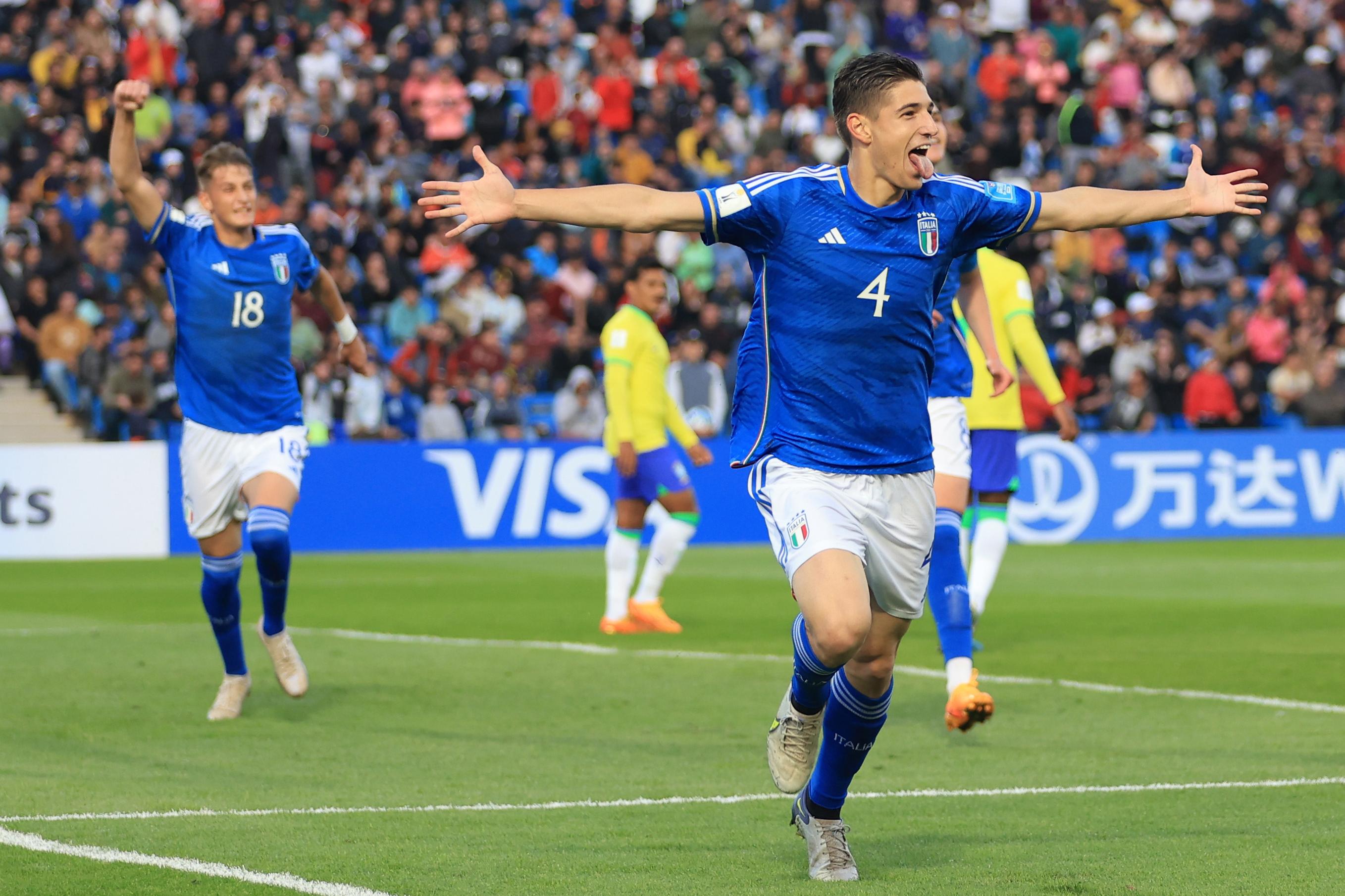 MENDOZA, ARGENTINA - MAY 21: Matteo Prati of Italy celebrates after scoring the team\\'s first goal  FIFA U-20 World Cup Argentina 2023 during Group D match between Italy and Brazil at Estadio Malvinas Argentinas on May 21, 2023 in Mendoza, Argentina. (Photo by Buda Mendes - FIFA/FIFA via Getty Images)