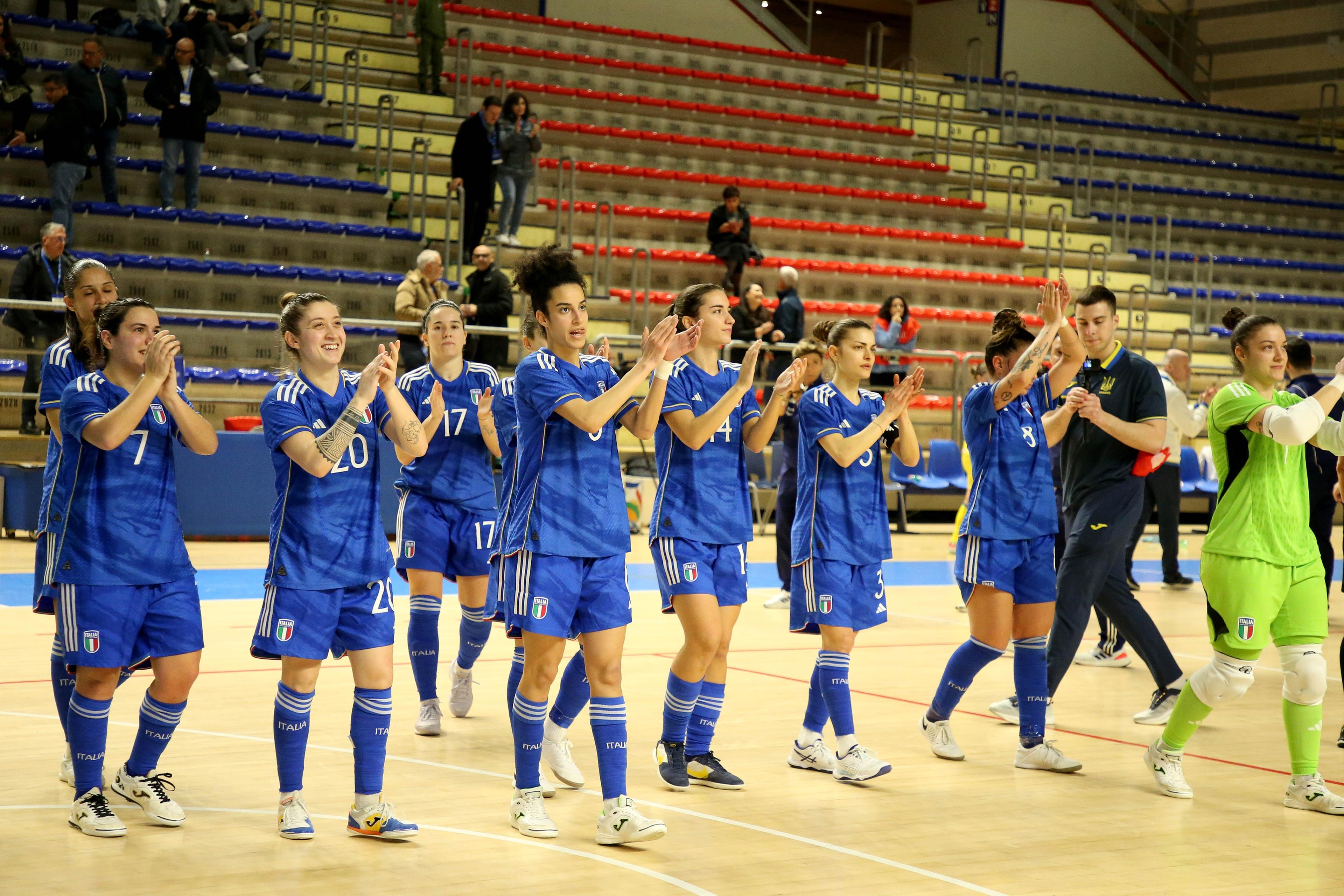 TARANTO, ITALY - MARCH 18: At the end of the race, celebration for the victory for the Italians during the Women Futsal Friendly match between Italy and Ukraine on March 18, 2024 in Taranto, Italy. (Photo by Donato Fasano/Getty Images)