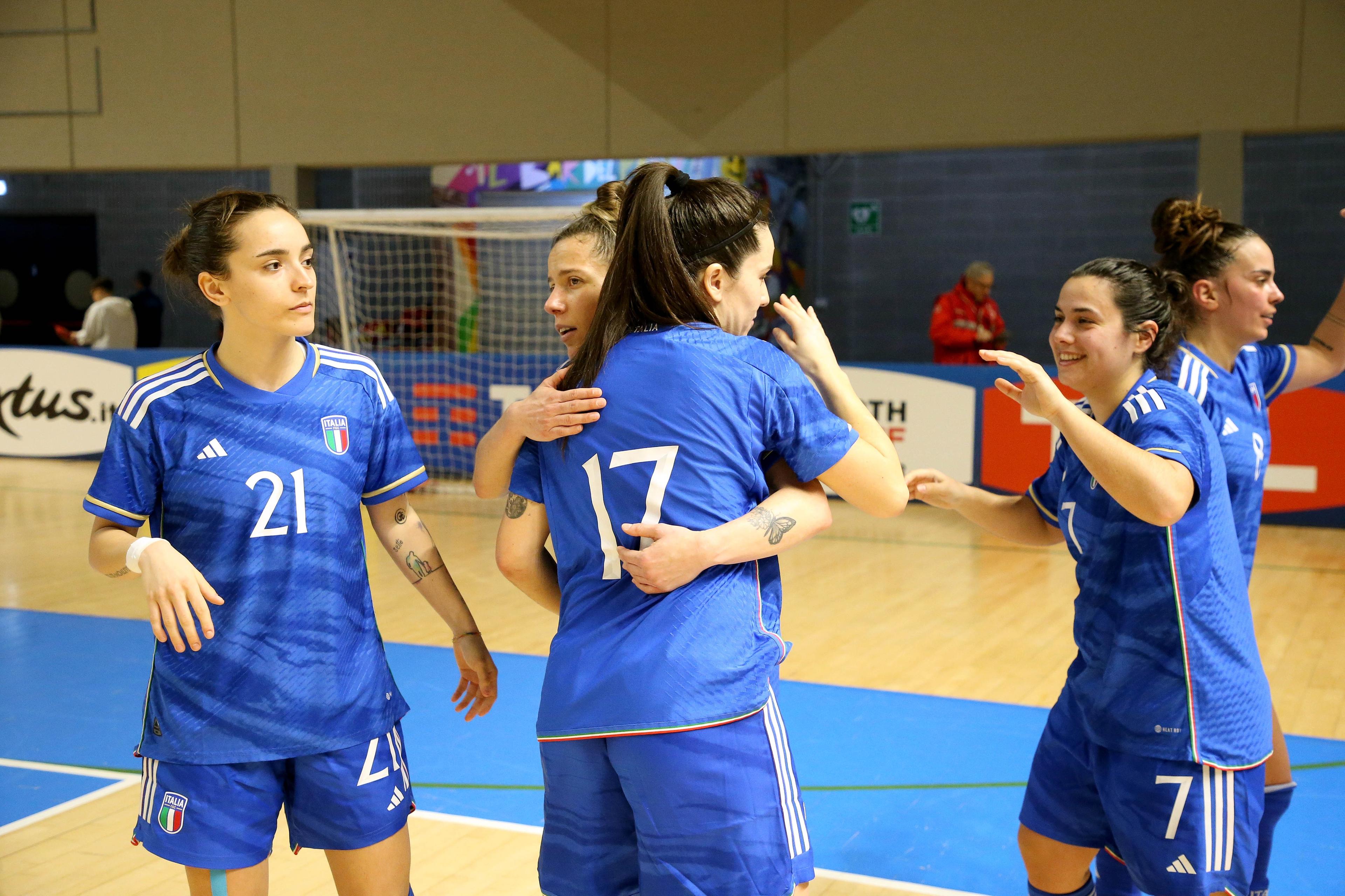TARANTO, ITALY - MARCH 18: At the end of the race, celebration for the victory for the Italians during the Women Futsal Friendly match between Italy and Ukraine on March 18, 2024 in Taranto, Italy. (Photo by Donato Fasano/Getty Images)