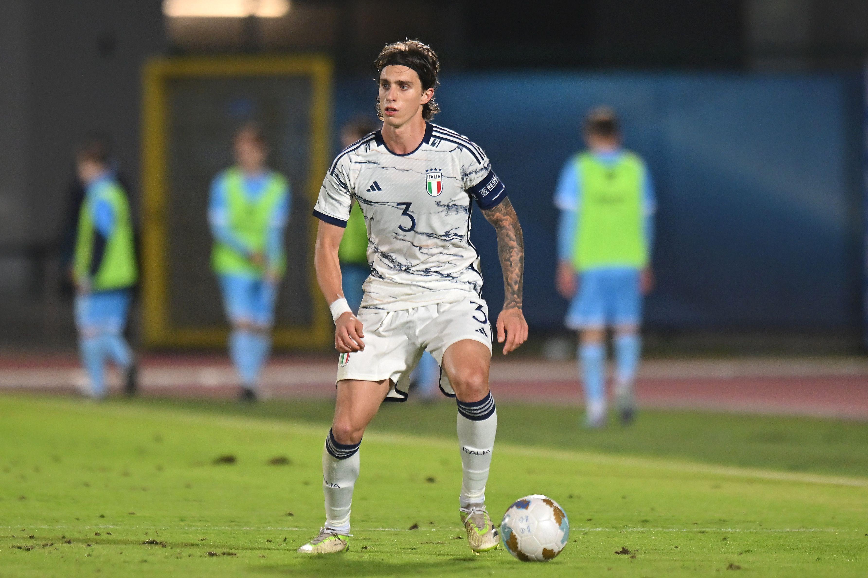 SAN MARINO, ITALY - NOVEMBER 16: Riccardo Calafiori of Italy U21 during the UEFA Under21 Euro Qualifier match between San Marino U21 and Italy U21 at Serravalle on November 16, 2023 in San Marino, Italy. (Photo by Alessandro Sabattini/Getty Images)