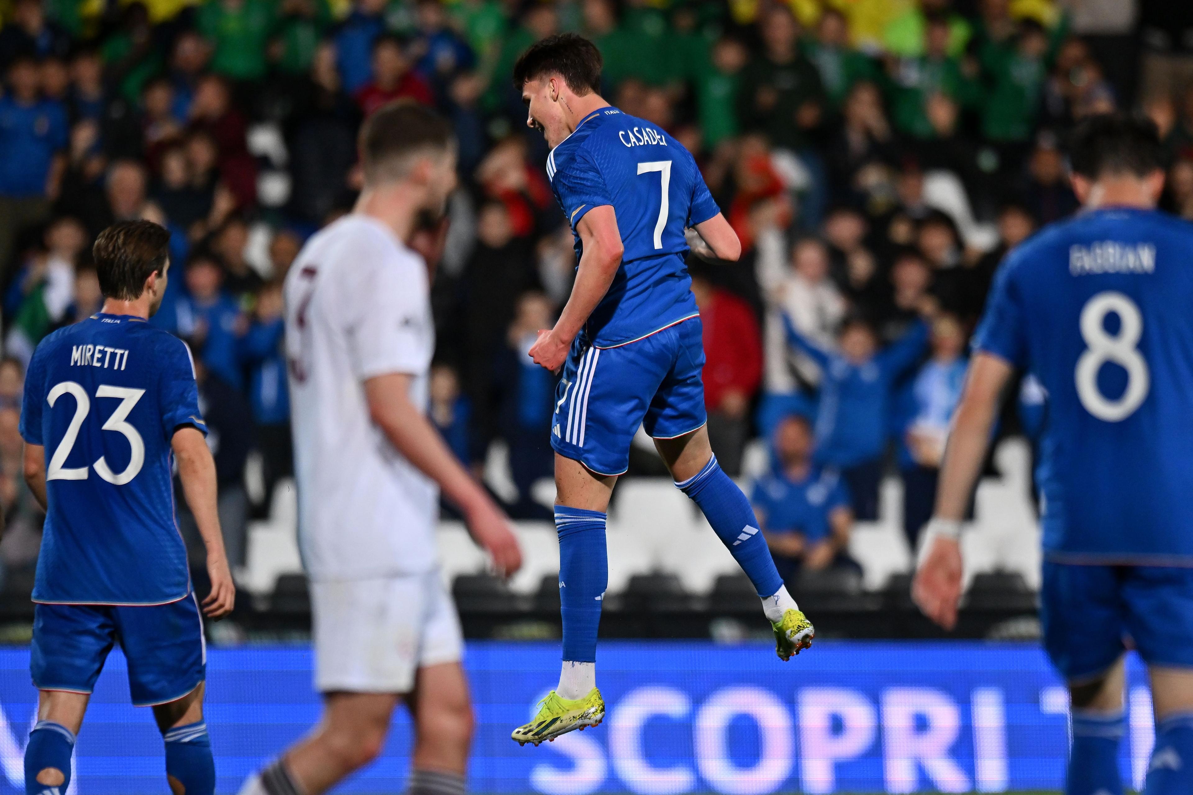 CESENA, ITALY - MARCH 22: Cesare Casadei of Italy U2 Filippo Rinaldi of Italy U21 celebrates after scoring the opening goal during the UEFA Under21 EURO Qualifier match between Italy U21 and Latvia U21 at Dino Manuzzi Stadium on March 22, 2024 in Cesena, Italy. (Photo by Alessandro Sabattini/Getty Images)