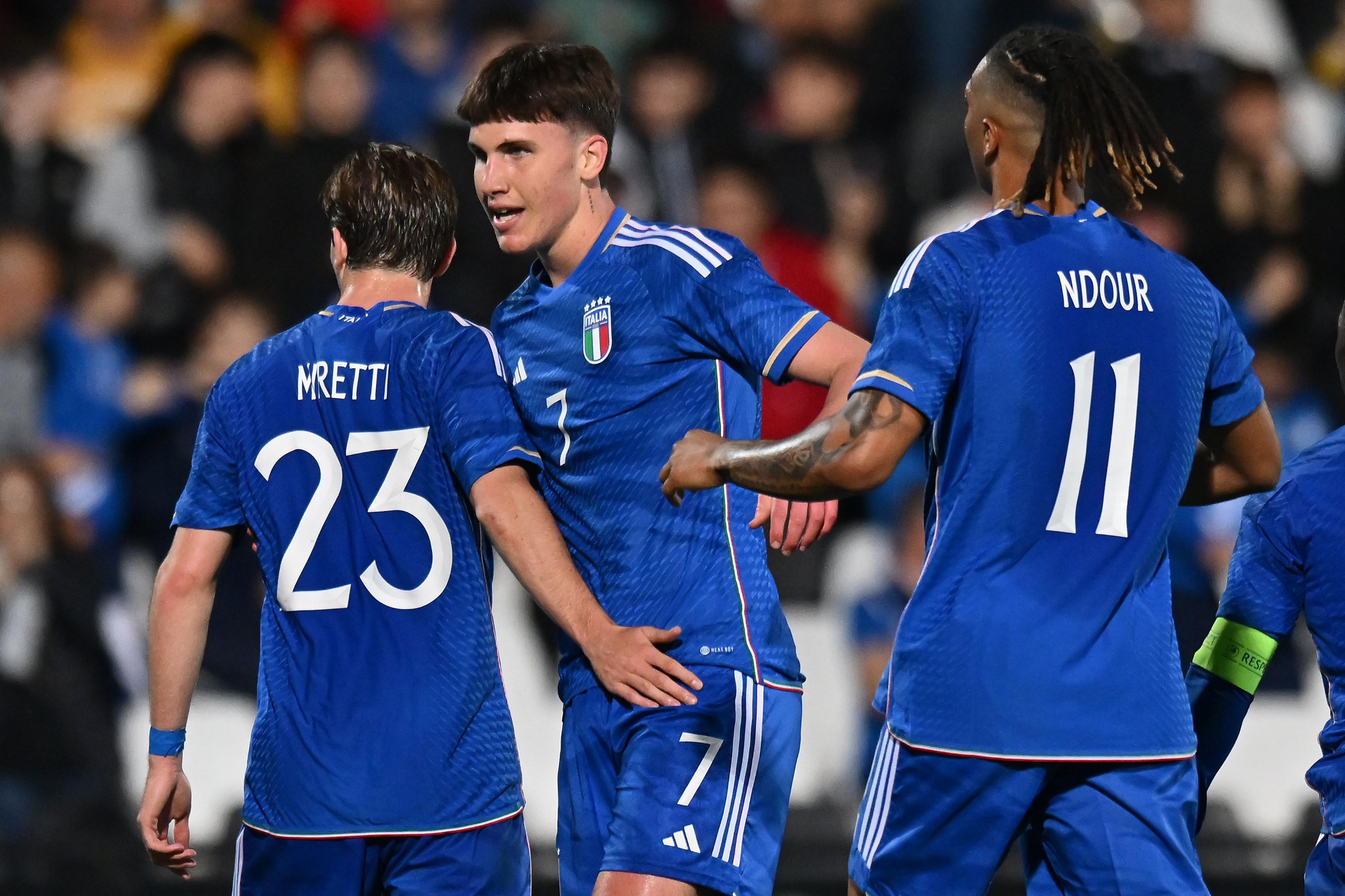 CESENA, ITALY - MARCH 22: Cesare Casadei of Italy U2 Filippo Rinaldi of Italy U21 celebrates after scoring the opening goal during the UEFA Under21 EURO Qualifier match between Italy U21 and Latvia U21 at Dino Manuzzi Stadium on March 22, 2024 in Cesena, Italy. (Photo by Alessandro Sabattini/Getty Images)