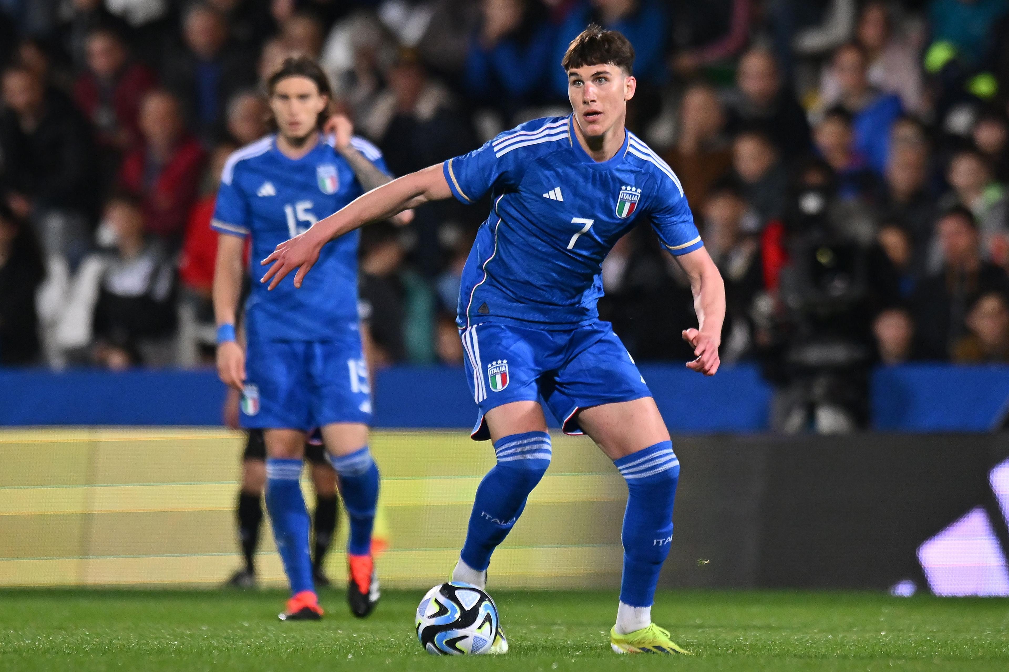 CESENA, ITALY - MARCH 22: Cesare Casadei of Italy U21 during the UEFA Under21 EURO Qualifier match between Italy U21 and Latvia U21 at Dino Manuzzi Stadium on March 22, 2024 in Cesena, Italy. (Photo by Alessandro Sabattini/Getty Images)
