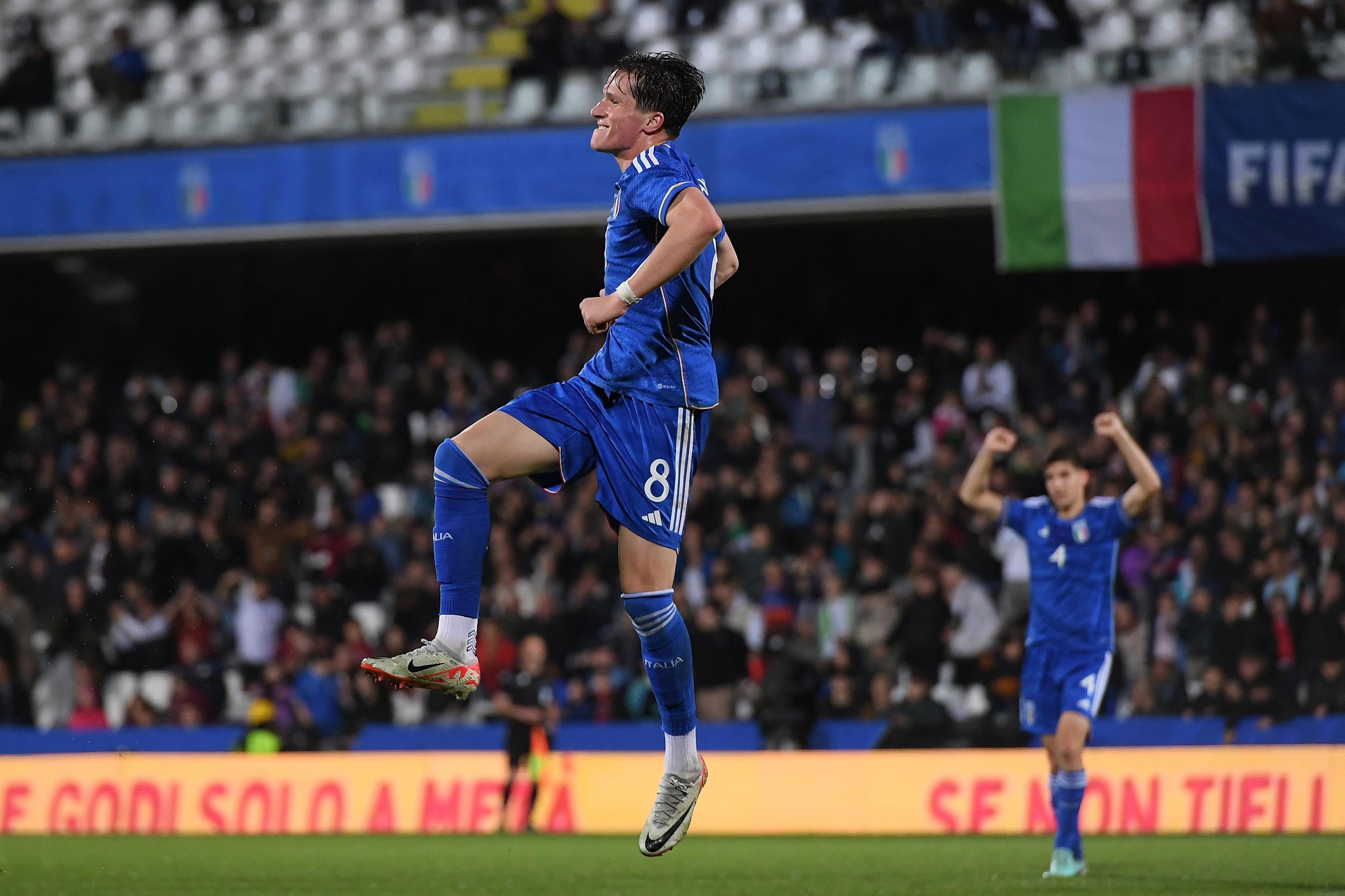 CESENA, ITALY - MARCH 22: Giovanni Fabbian of Italy U21 celebrates after scoring his team second goal during the UEFA Under21 EURO Qualifier match between Italy U21 and Latvia U21 at Dino Manuzzi Stadium on March 22, 2024 in Cesena, Italy. (Photo by Alessandro Sabattini/Getty Images)