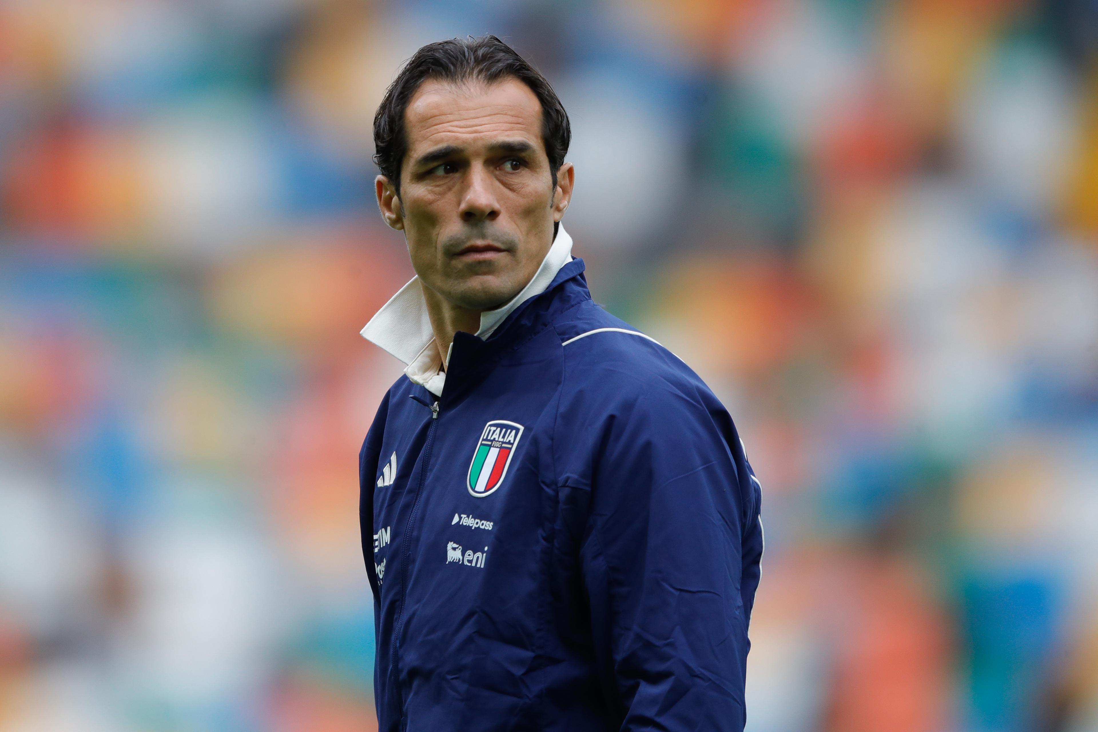 UDINE, ITALY - MARCH 23: Head Coach of Italy, Bernardo Corradi, before kick off at the UEFA EURO 2024 Elite Round Qualifier between Czech Republic U19 and Italy U19 at Stadio Friuli on March 23, 2024 in Udine, Italy. (Photo by Timothy Rogers/Getty Images)