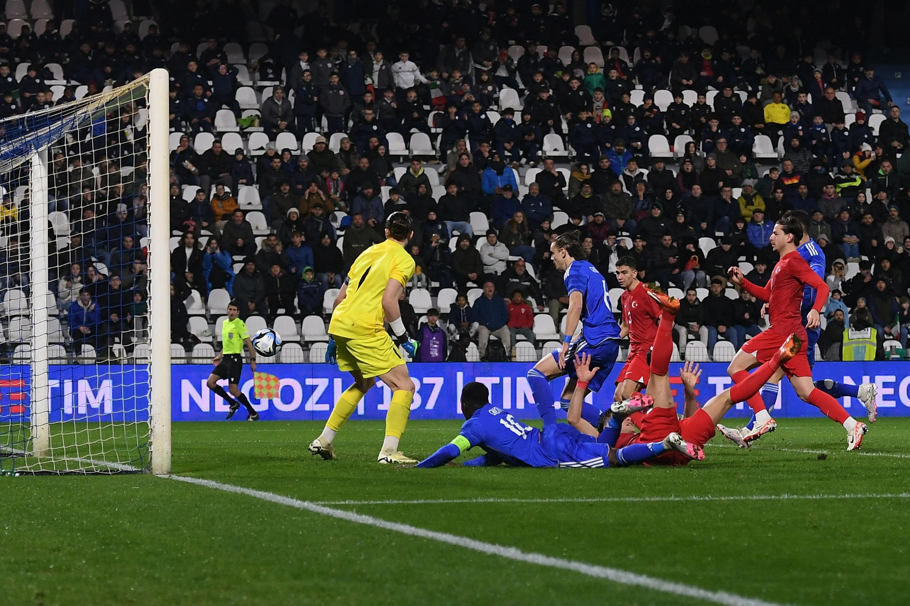 FERRARA, ITALY - MARCH 26: Daniele Ghilardi of Italy U2 Luis Hasa of Italy U21  scores the opening goal during the UEFA Under21 EURO Qualifier match between Italy U21 and Turkey U21 at Stadio Paolo Mazza on March 26, 2024 in Ferrara, Italy. (Photo by Alessandro Sabattini/Getty Images)