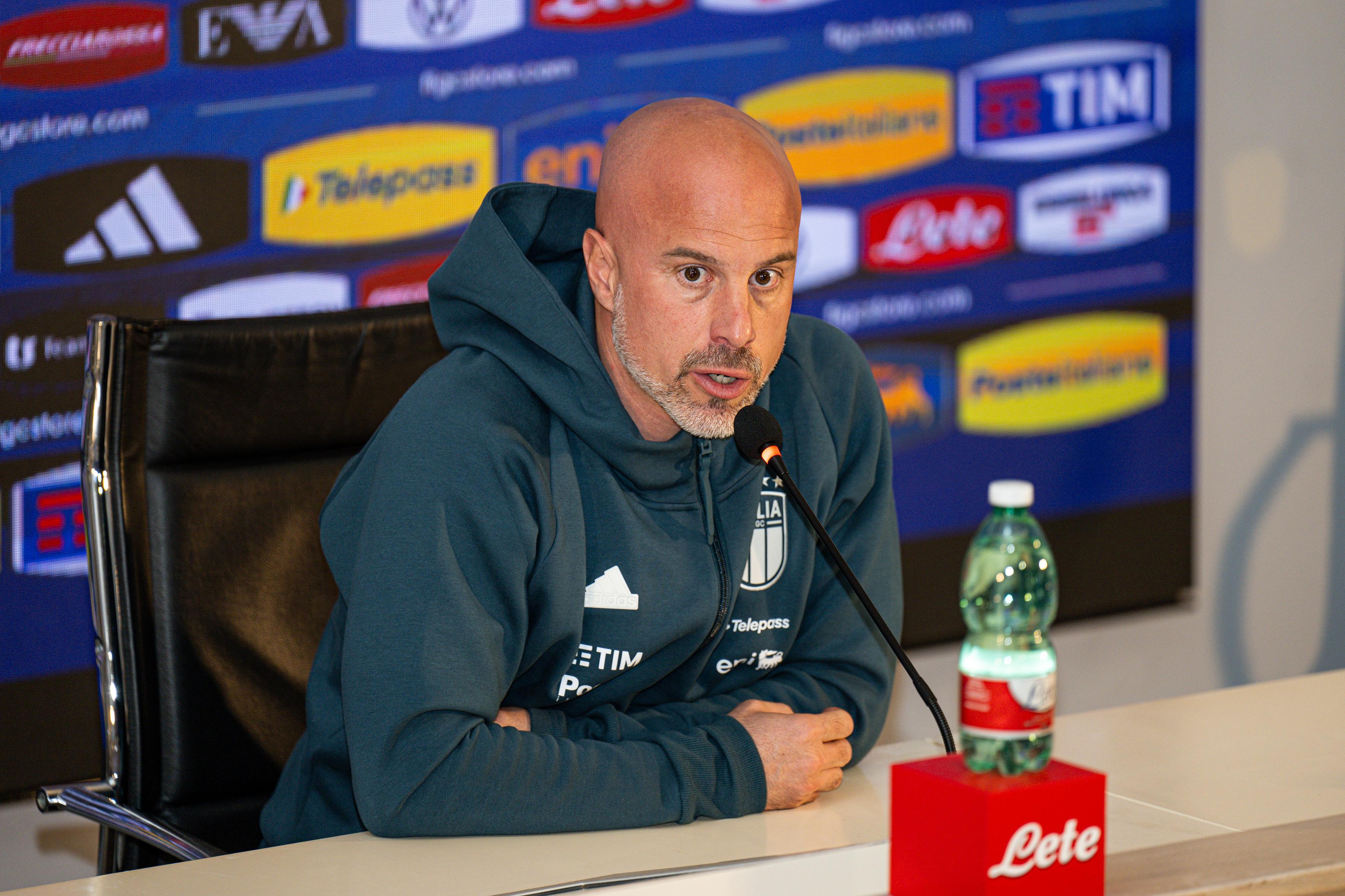 FLORENCE, ITALY - APRIL 2: Andrea Soncin, head coach of Italy, is seen during a press conference held after a training session at Centro Tecnico Federale di Coverciano on April 2, 2024 in Florence, Italy. (Photo by Simone Arveda/Getty Images)