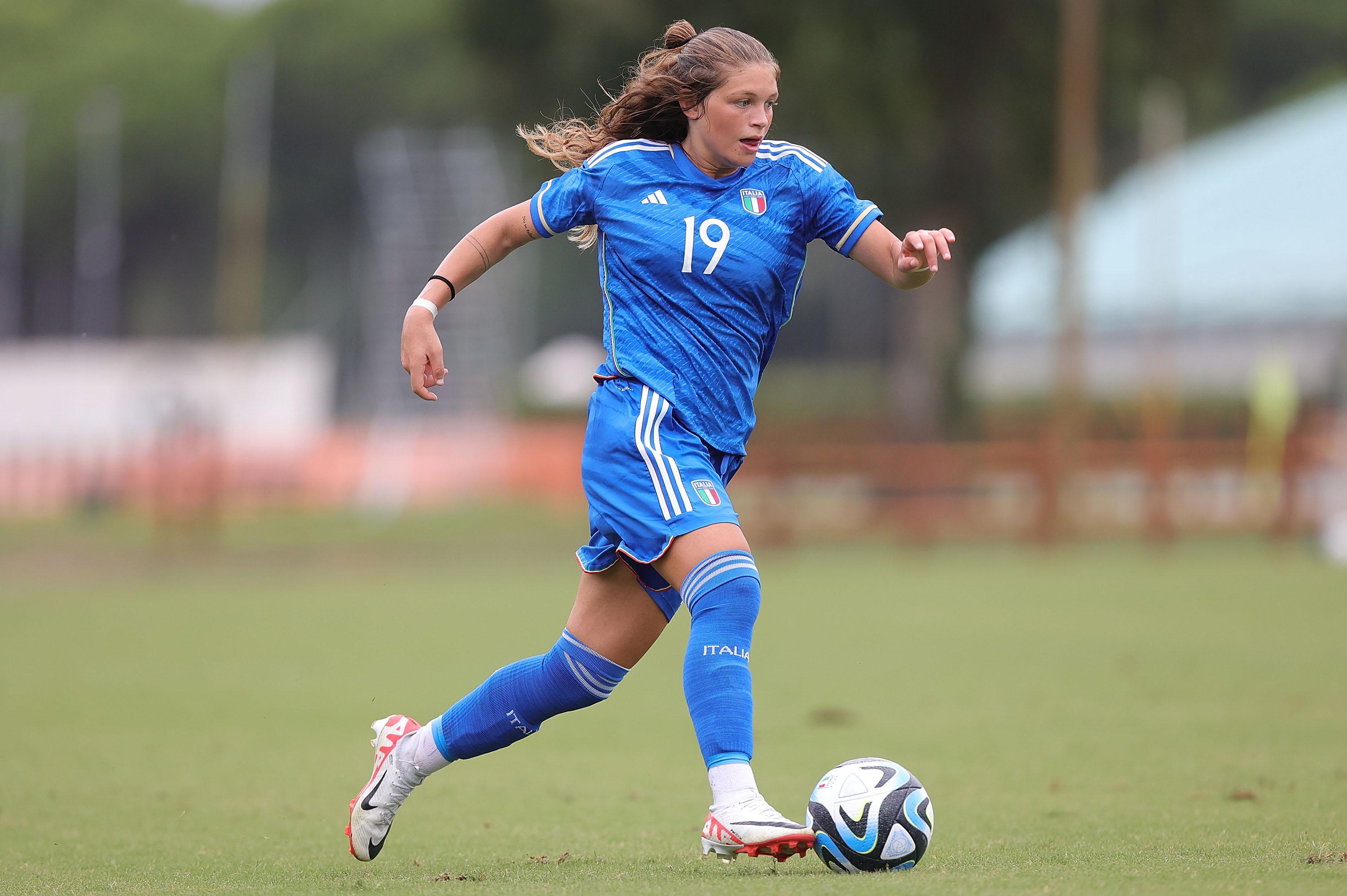 TIRRENIA, ITALY - SEPTEMBER 22: Manuela Sciabica of Italy Women U19 in action during the international friendly match between Italy U19 Women and Belgio U19 Women on September 22, 2023 in Tirrenia, Italy. (Photo by Gabriele Maltinti/Getty Images) *** Local Caption *** Manuela Sciabica
