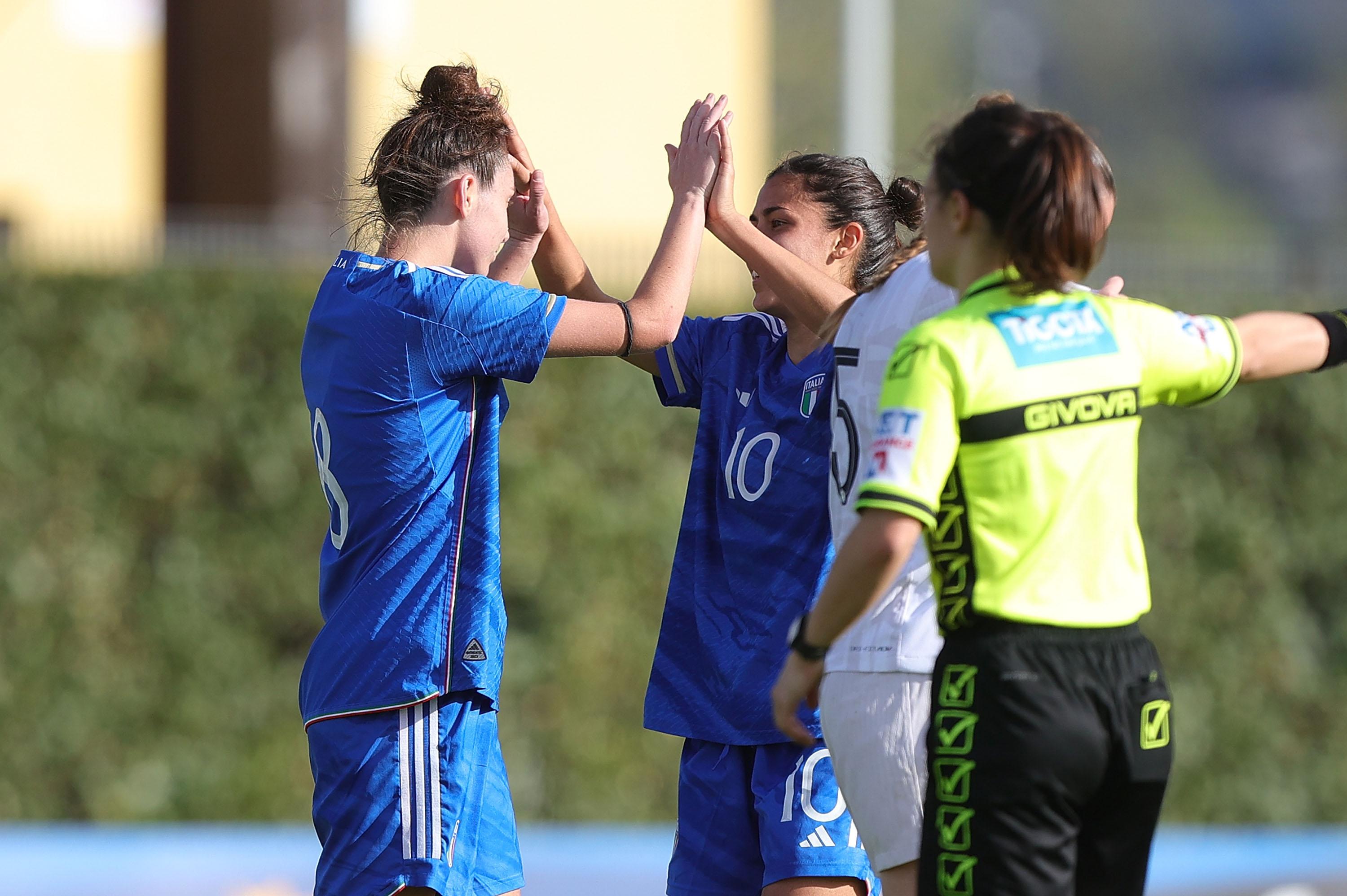 FLORENCE, ITALY - APRIL 4: Valentina Gallazzi of Italy U23 Women celebrates after scoring a goal with Melissa Bellucci during the Women U23 International Friendly match between Italy and France at Centro Tecnico Federale di Coverciano on April 4, 2024 in Florence, Italy.(Photo by Gabriele Maltinti/Getty Images) *** Local Caption *** Valentina Gallazzi