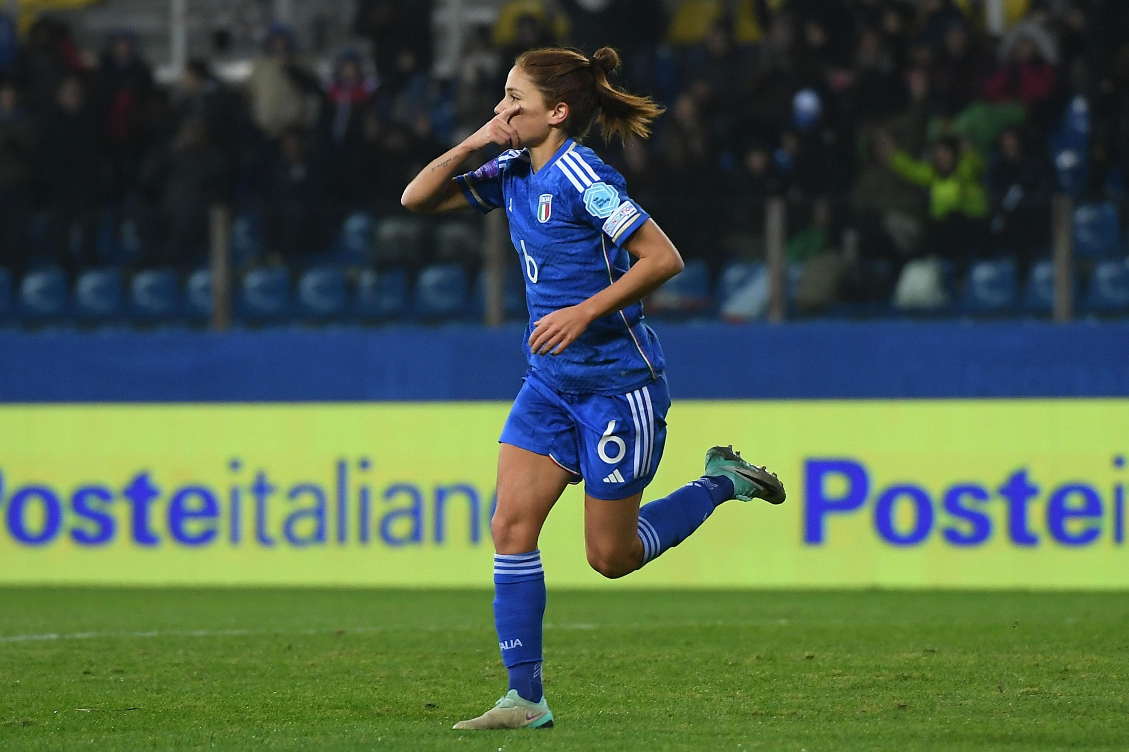 PARMA, ITALY - DECEMBER 05: Manuela Giugliano of Italy Women celebrates after scoring the opening goal during the UEFA Womens Nations League match between Italy and Switzerland at Stadio Ennio Tardini on December 05, 2023 in Parma, Italy. (Photo by Alessandro Sabattini/Getty Images)